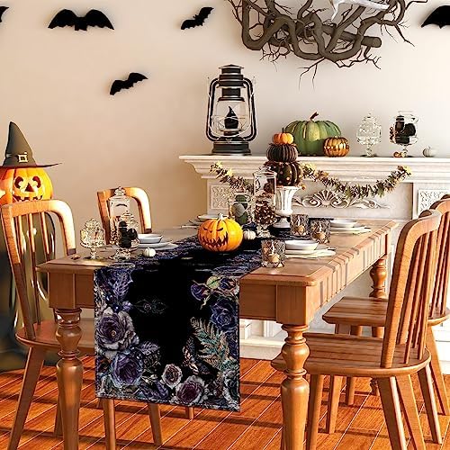 Rvsticty Halloween Table Runner Creative Skull Roses Tablecloth for Home Kitchen