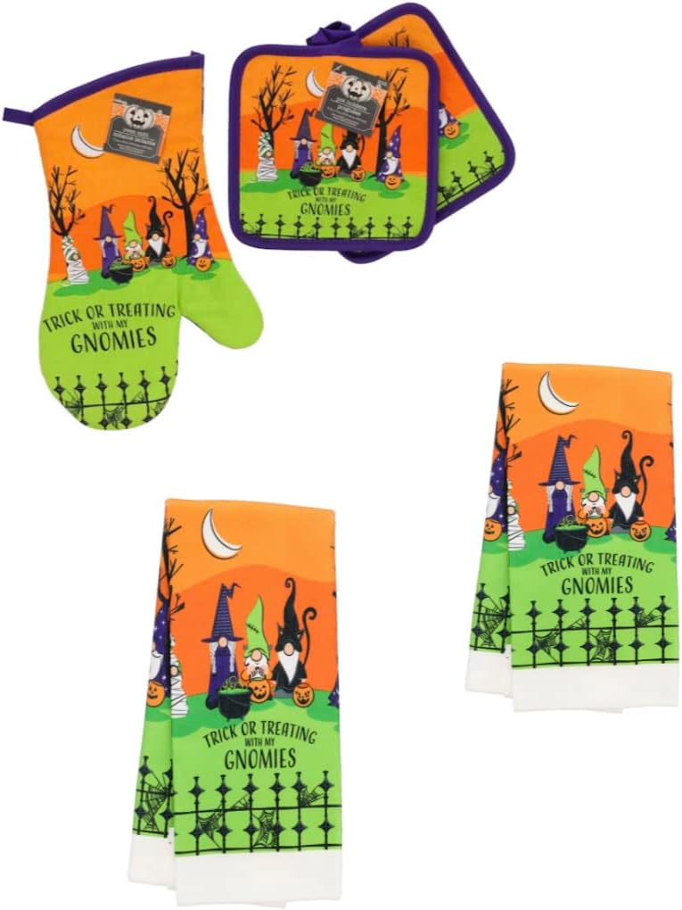 KRE5-Piece Halloween Kitchen Linen Set Pot Holders Oven Mitts Fall Towels HALLESTEEL