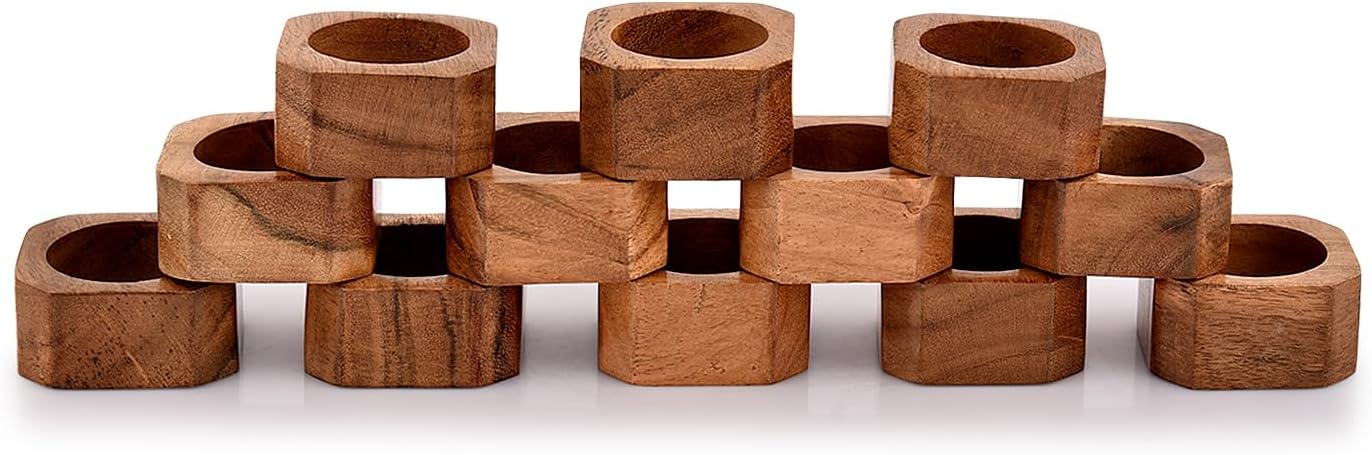 BHAVATU Acacia Wood Napkin Rings Set of 12 Brown