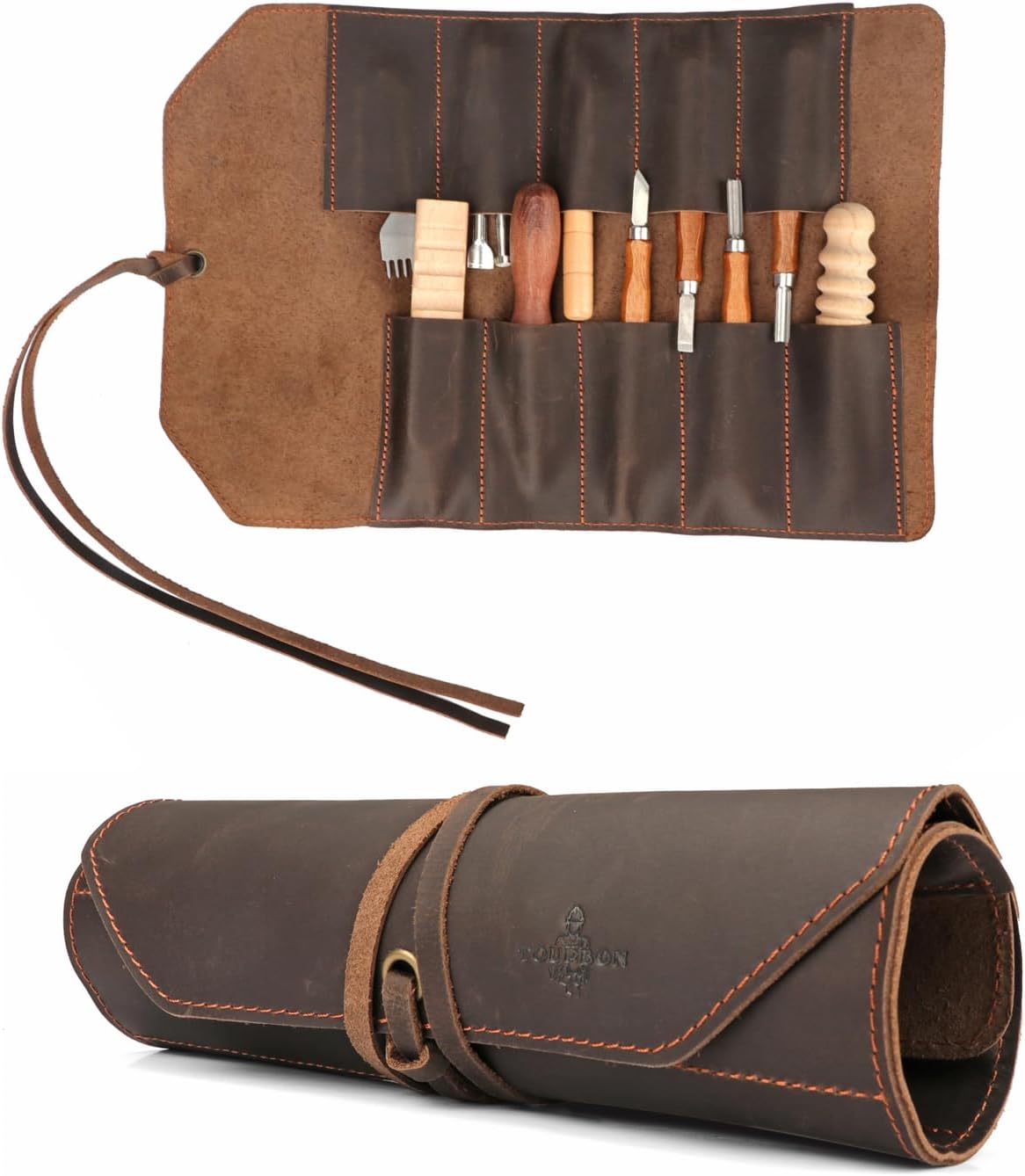 Tourbon Full Leather Knife Roll Case - 10 Slots for Tools