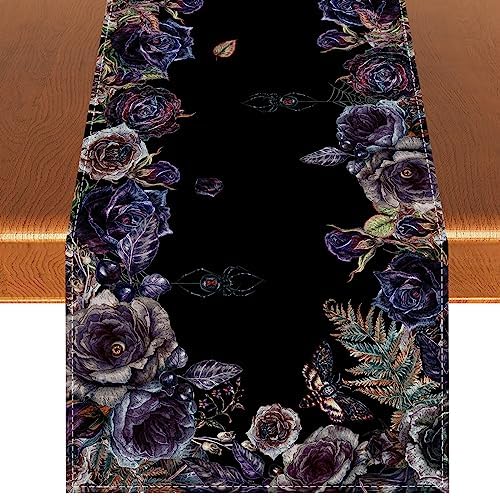 Rvsticty Halloween Table Runner Creative Skull Roses Tablecloth for Home Kitchen