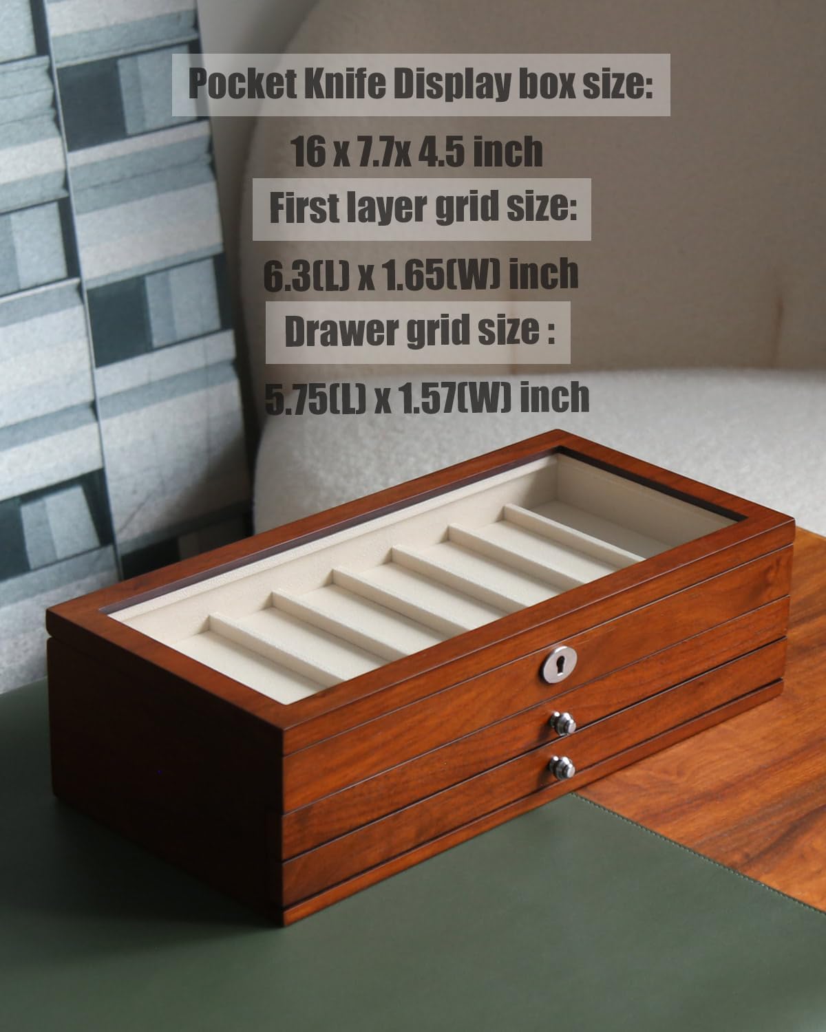 Three-Tier Pocket Knife Case with Elegant Walnut Finish -compact Durable
