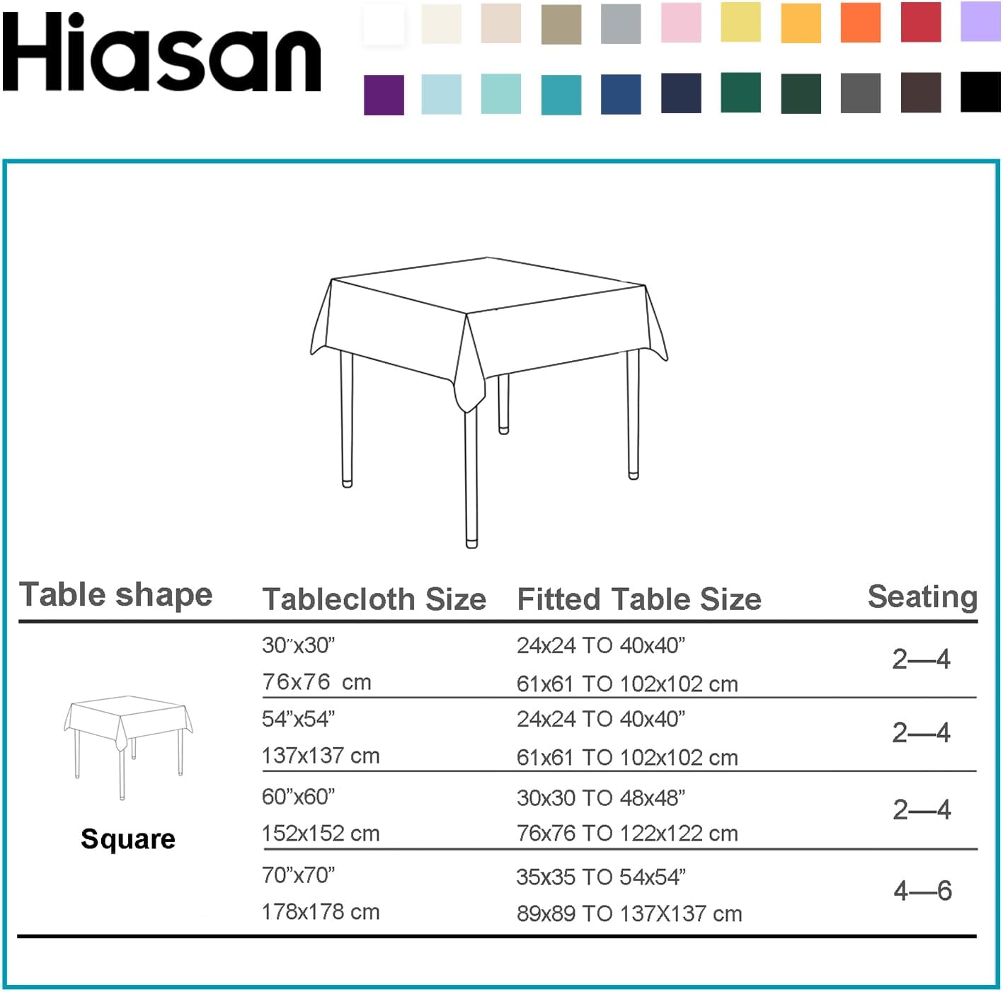 Hiasan 70x70 inch Water-Resistant Tablecloth for 6 Foot Tables