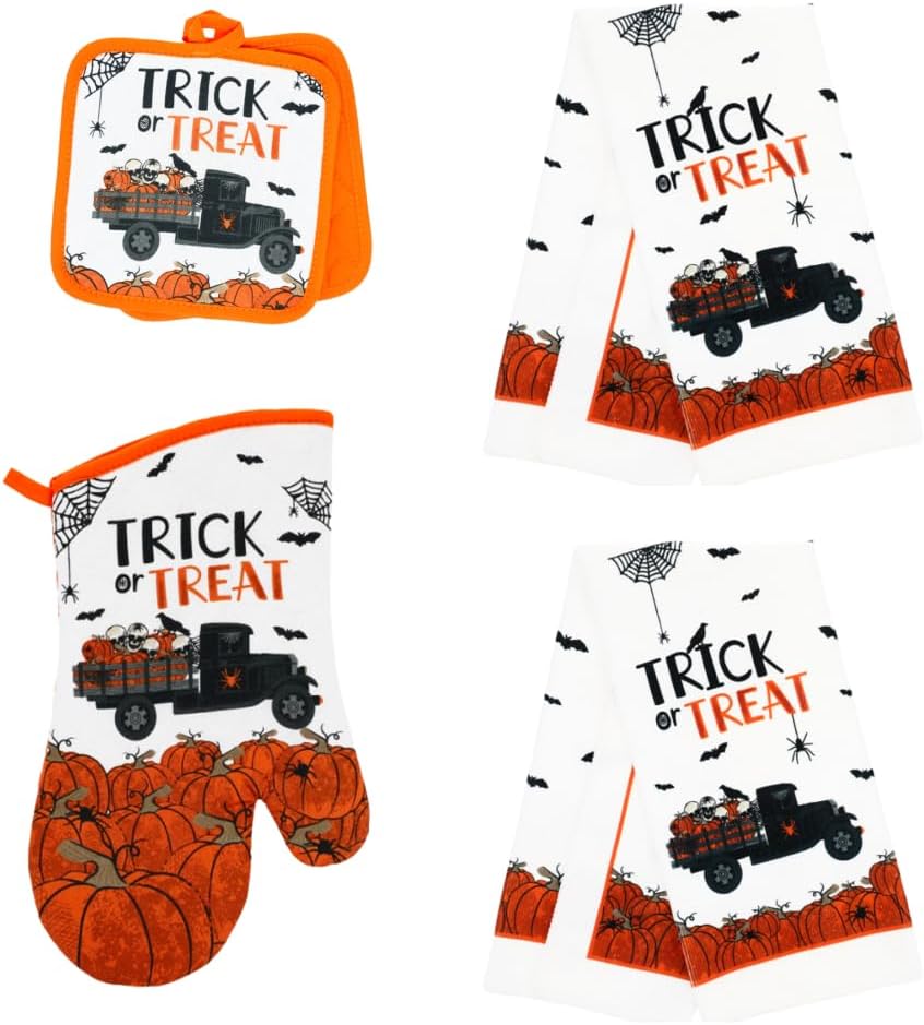 Modern Farmhouse Halloween Kitchen Towel Set with Pot Holders Oven Mitt