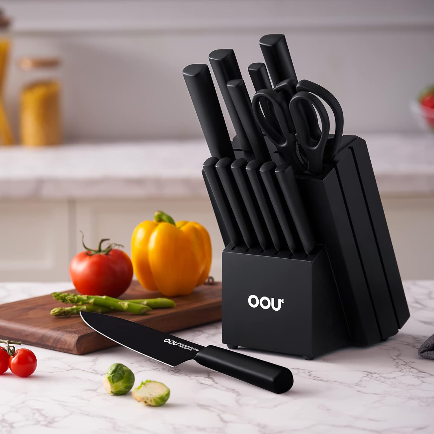 OOU 15 Piece Kitchen Knife Block Set with Sharpening