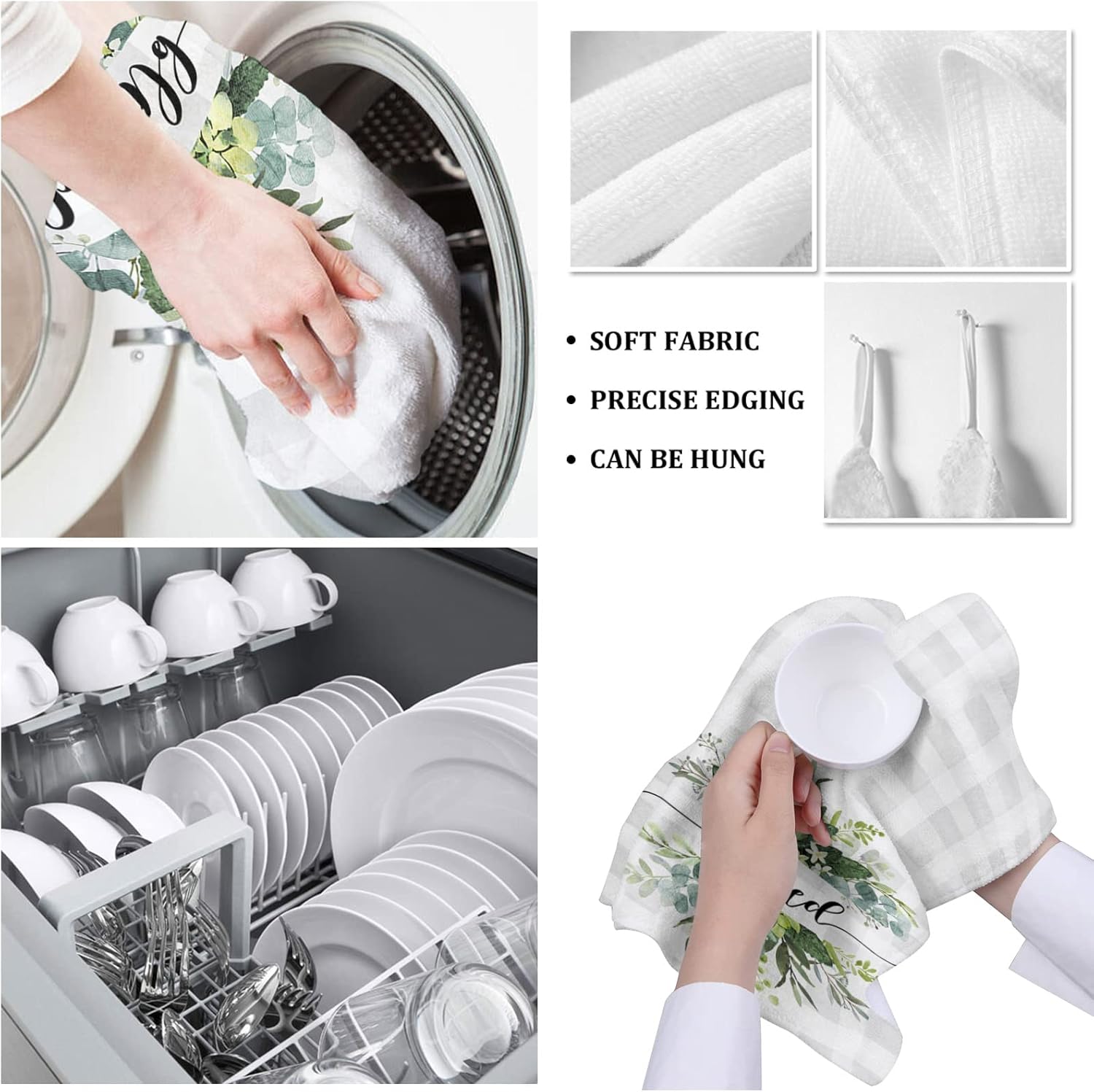 ZOE GARDEN Plaid Eucalyptus Kitchen Towels Quick-Dry Microfiber Set of 2