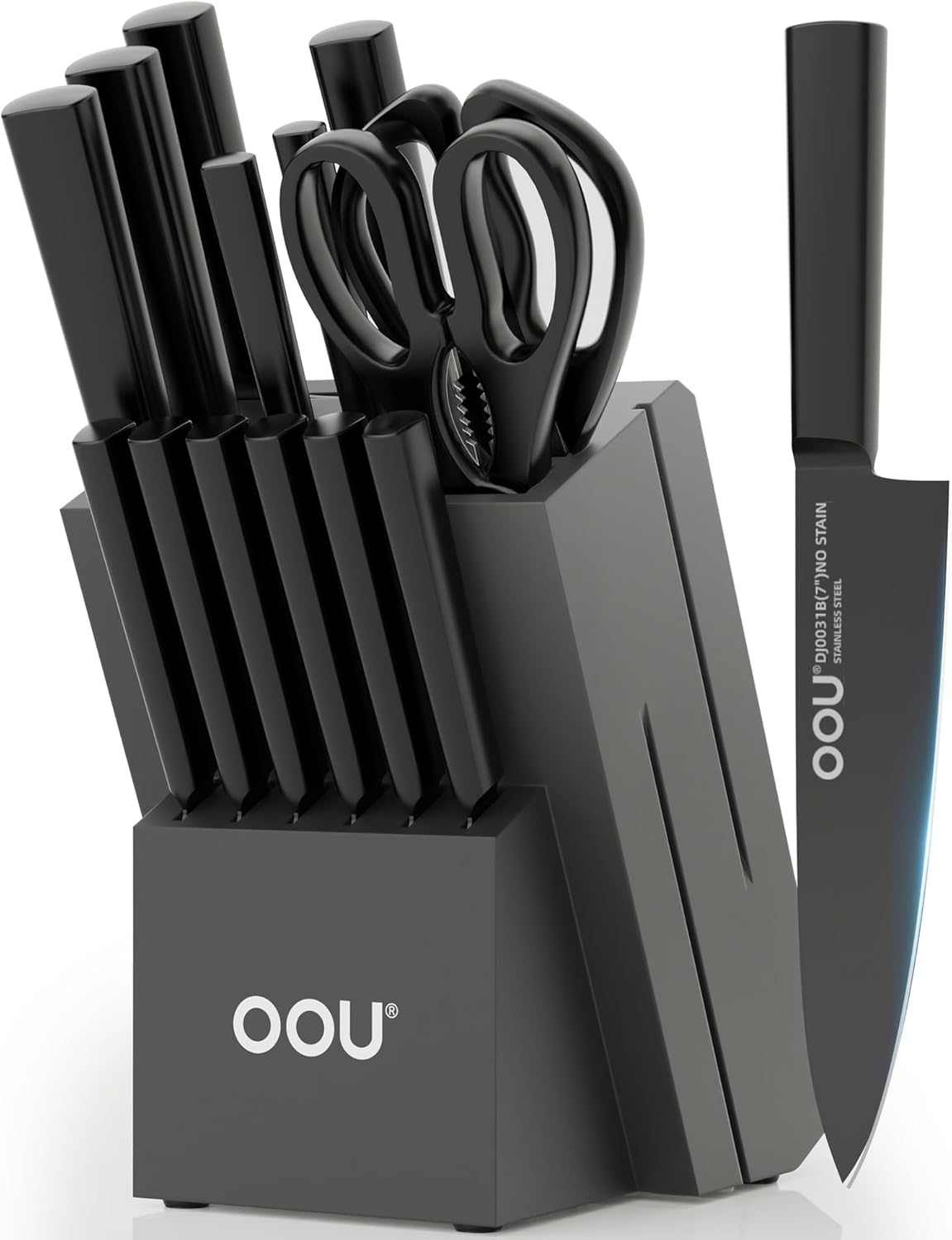 OOU 15 Piece Kitchen Knife Block Set with Sharpening