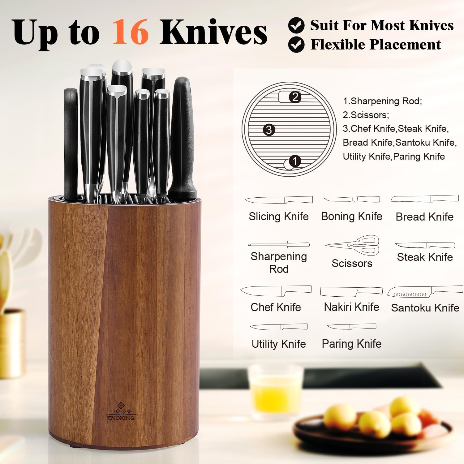 ENOKING Universal Knife Block with Acacia Wood Base and Plastic Lid