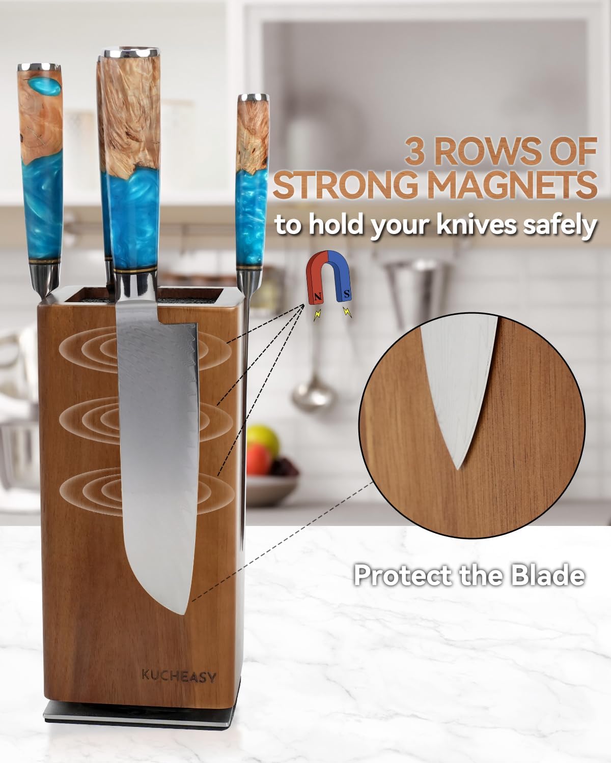 KUCHEASY Magnetic Knife Block 360 Rotating Wood Universal Knife Holder