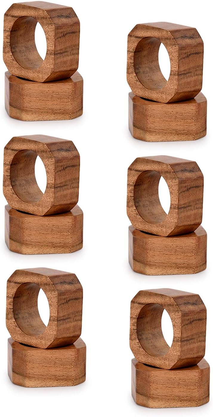 BHAVATU Acacia Wood Napkin Rings Set of 12 Brown