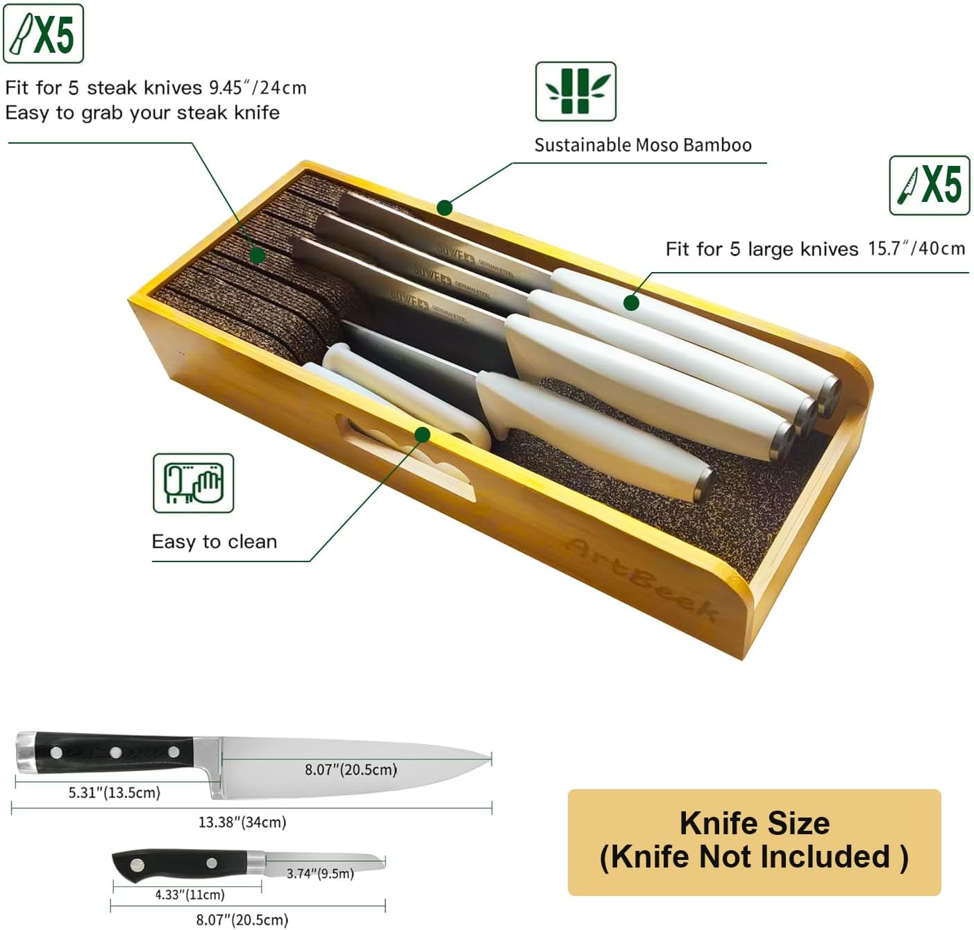 ArtBeek Universal Knife Holder Organizer Kit Bamboo Knives Holder