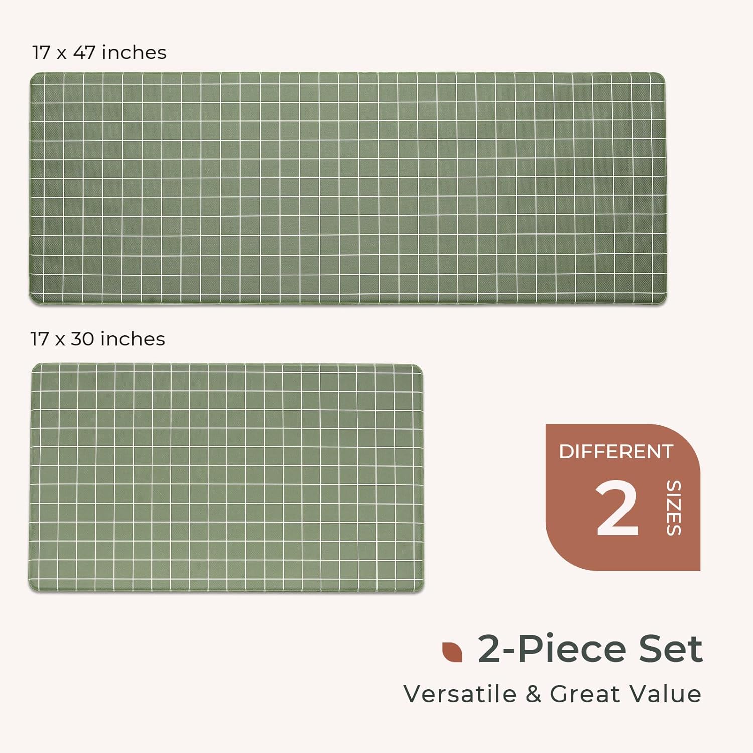 FRESHMINT 2-Piece Kitchen Mat Set Anti-Fatigue Plaid Windowpane Kitchen Mat