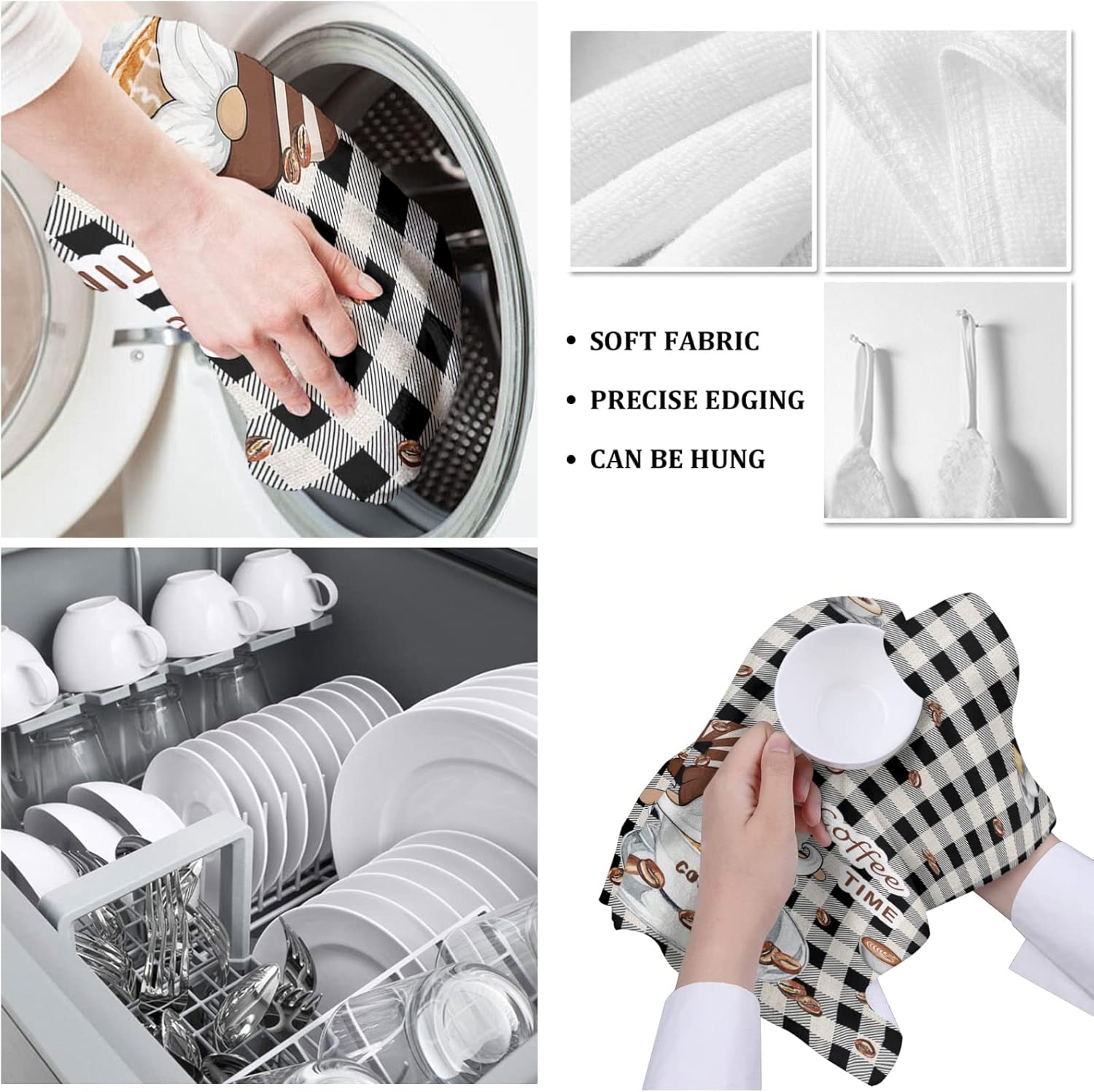 ZOE GARDEN Black White Plaid Kitchen Towels