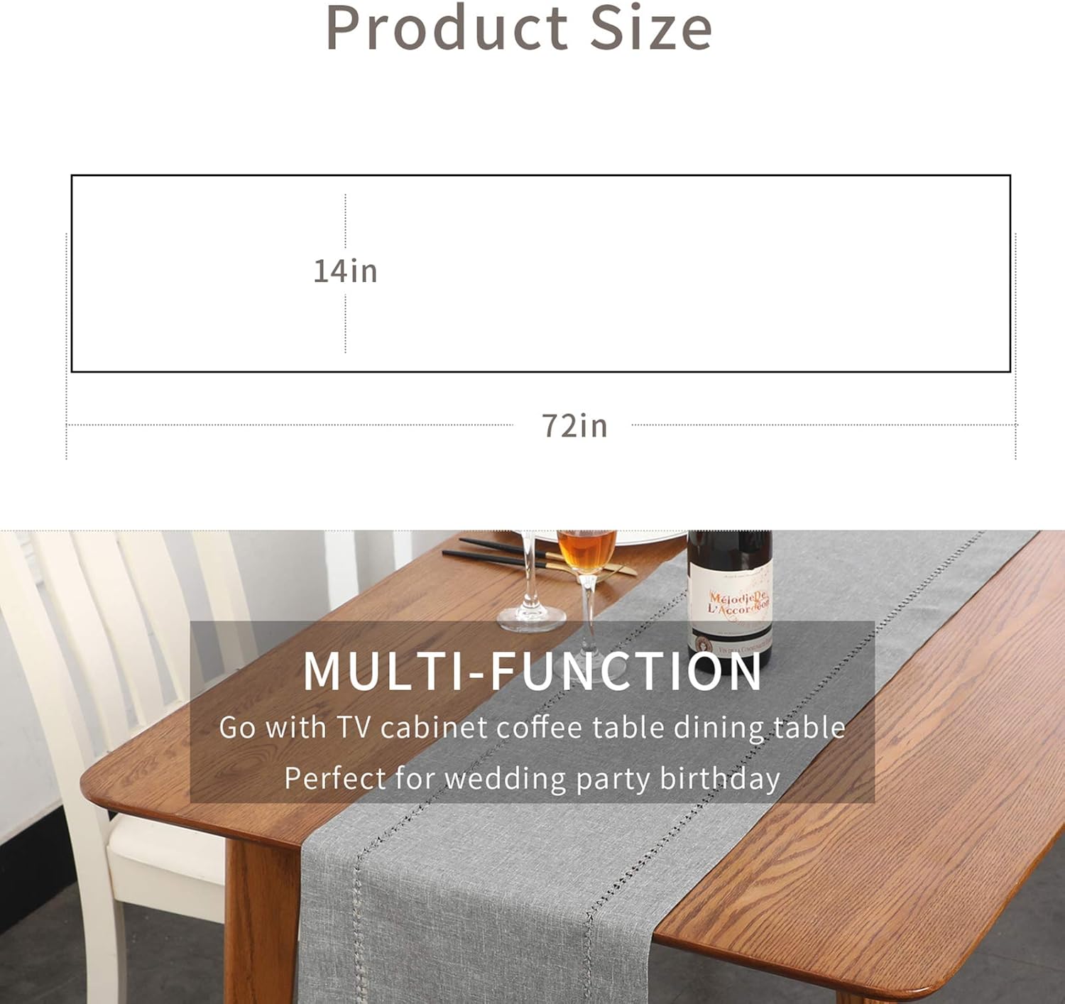 Tosewever Hemstitch Linen Table Runner Farmhouse Style Grey 14x72 Inches