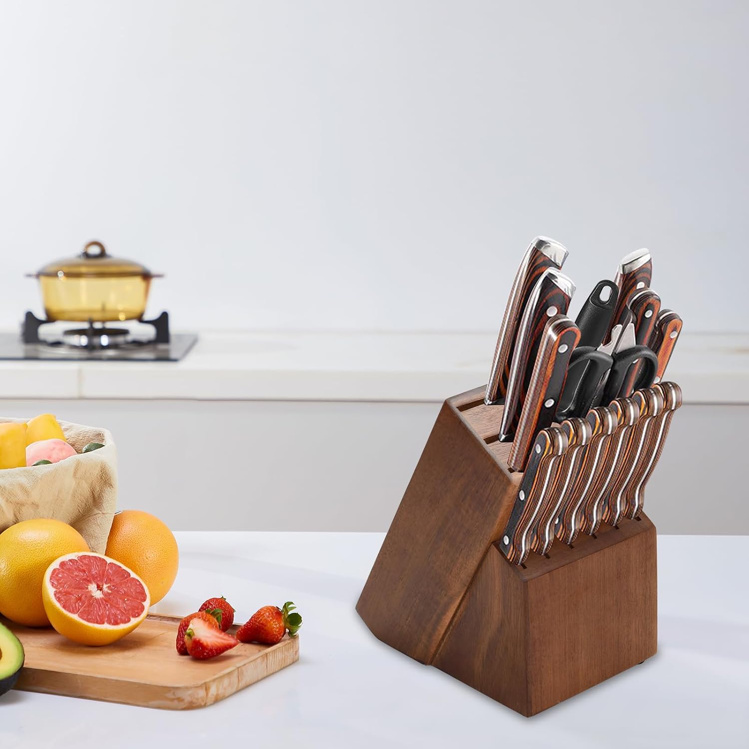 Wooden Kitchen Knife Block - 14-Piece Universal Kitchen Knife Holder