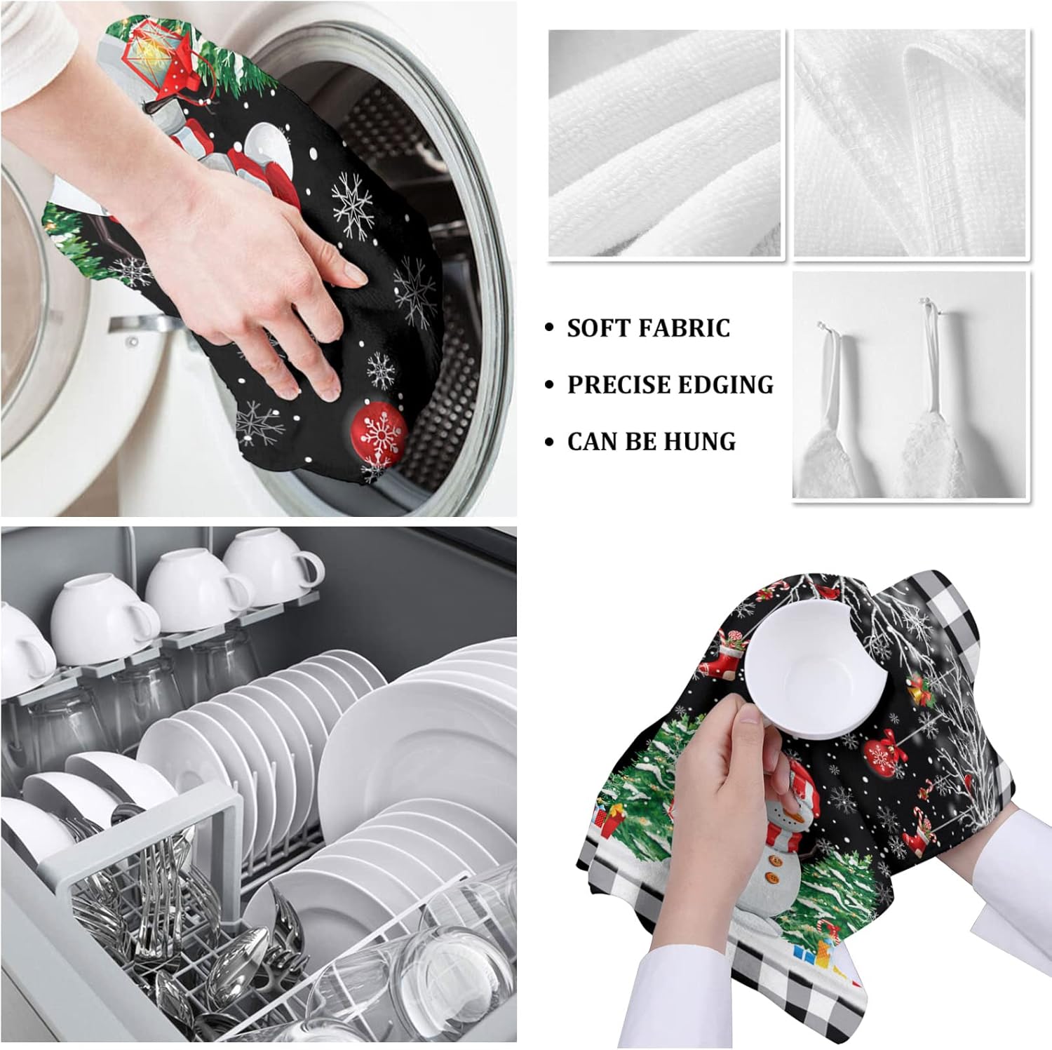 ZOE GARDEN Christmas Plaid Kitchen Towels 2-Pack Black Snowman Pine Tree Branch