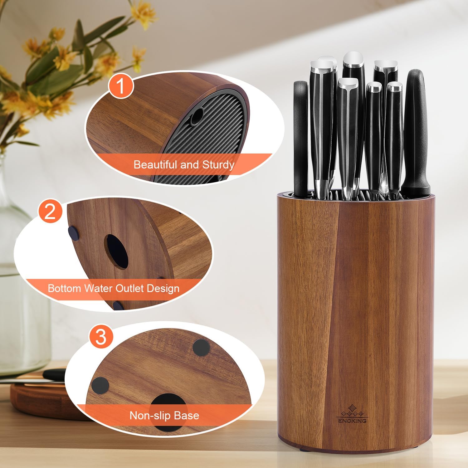 ENOKING Universal Knife Block with Acacia Wood Base and Plastic Lid