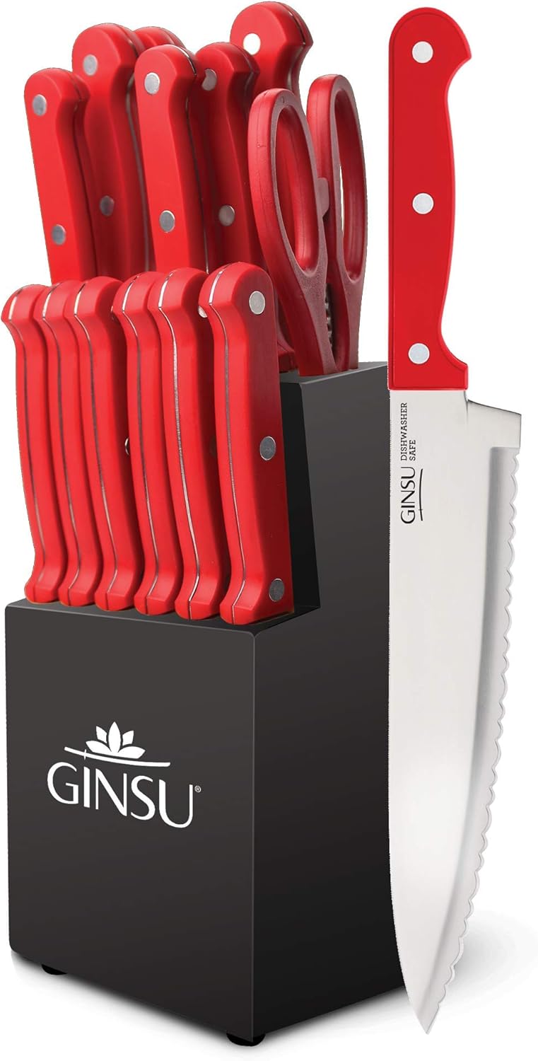 GINSU 14-Piece Knife Set - Red with Black Block Dishwasher Safe Always Sharp