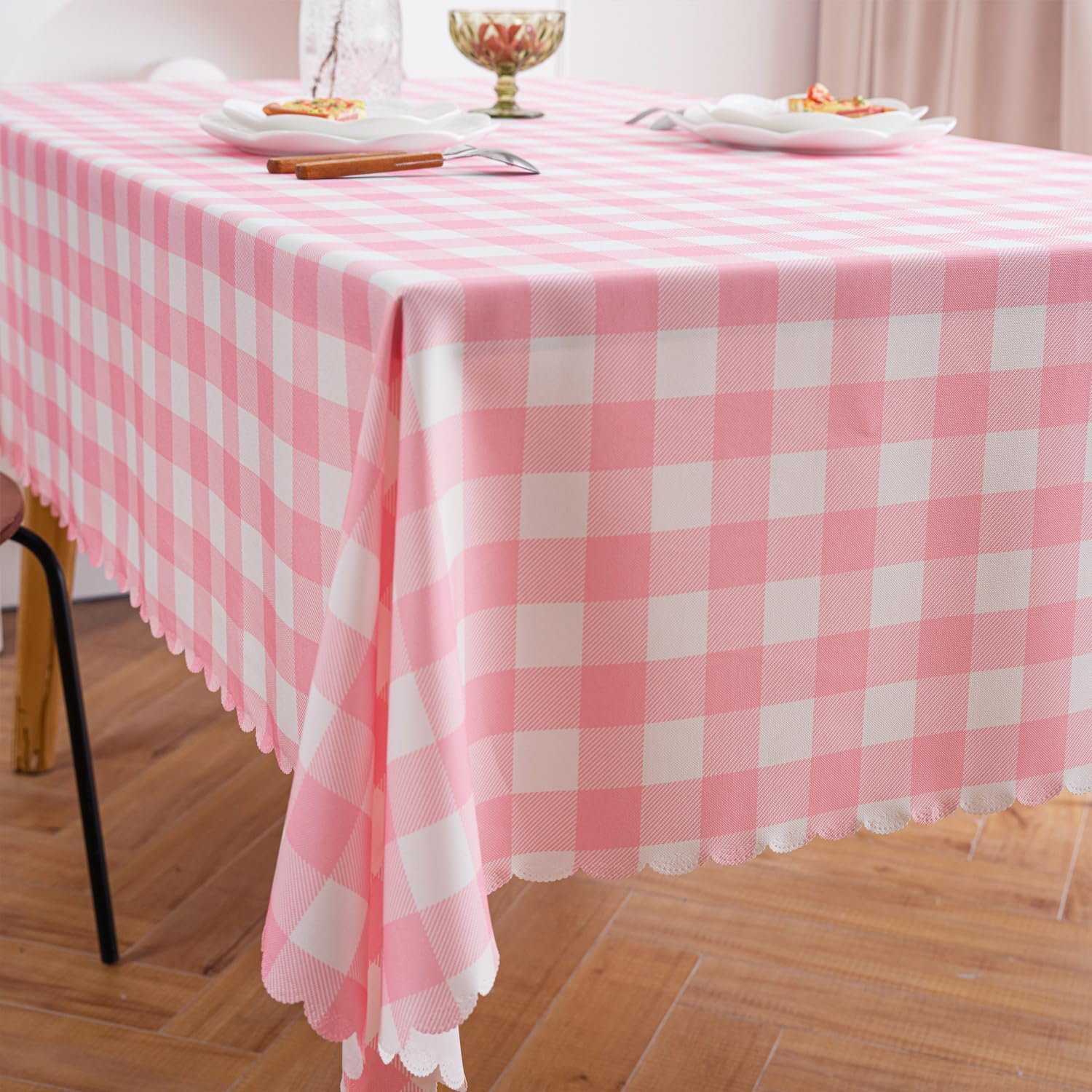 Elegant Pink Gingham Tablecloth for Cozy Kitchen Settings