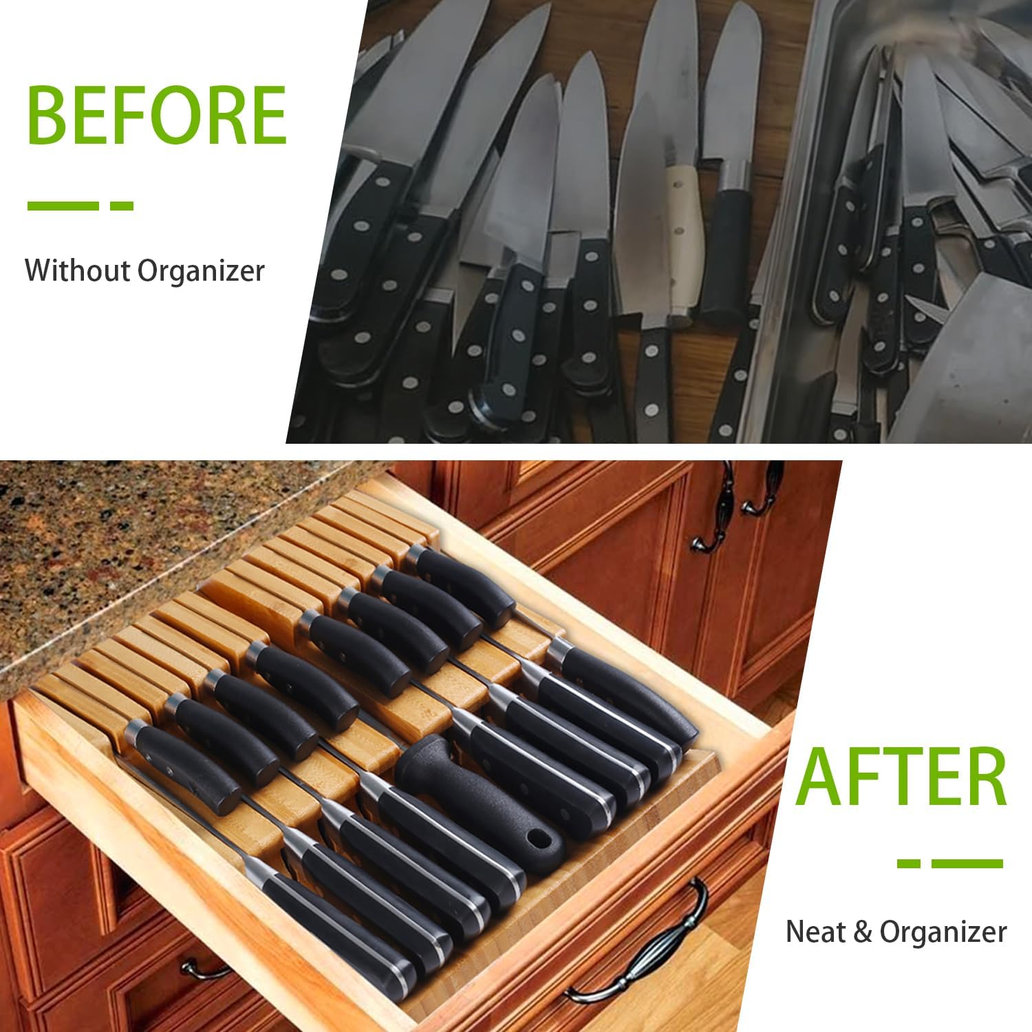 HHXRISE Bamboo Knife Organizer Removable Space-Saving Health-Safe 16 Knives Organizer