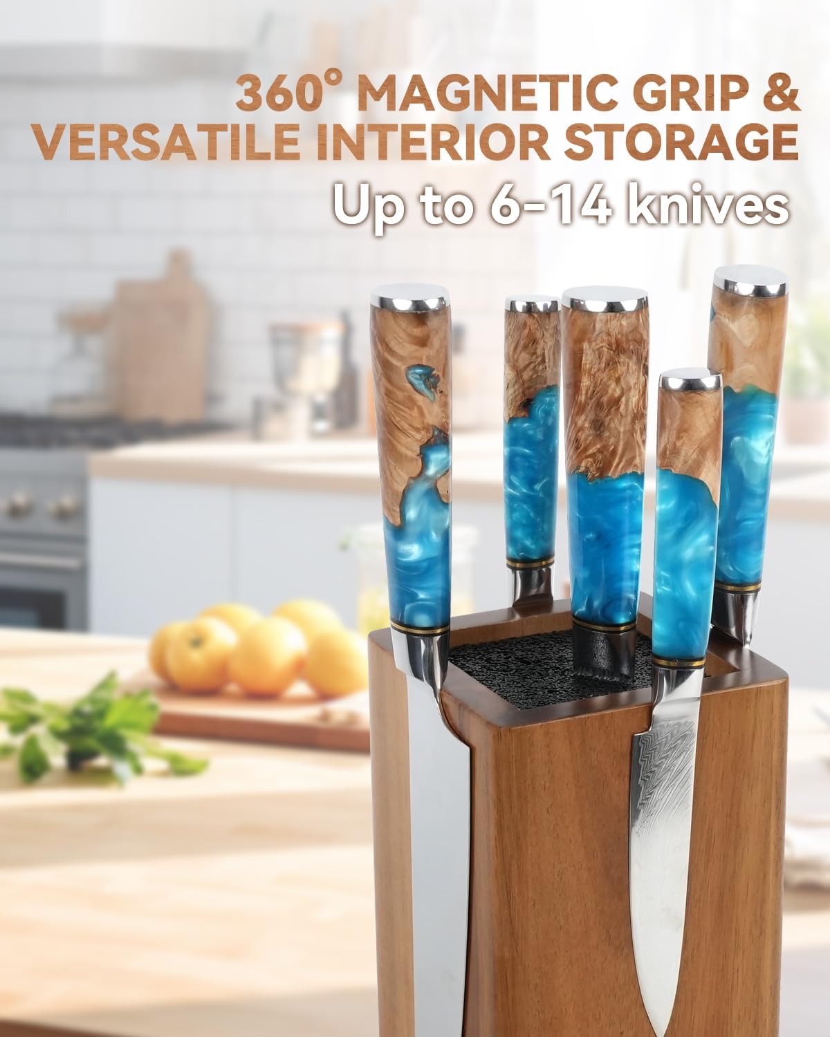 KUCHEASY Magnetic Knife Block 360 Rotating Wood Universal Knife Holder