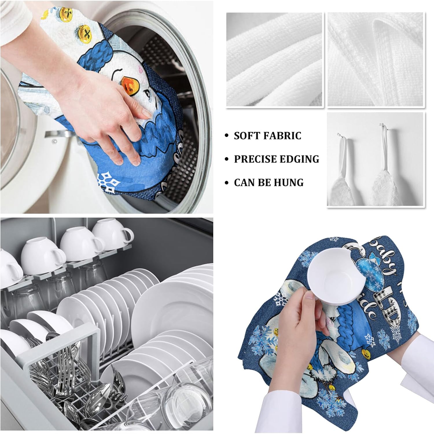 ZOE GARDEN Christmas Blue Microfiber Kitchen Towels Snowman Plaid Quick Dry Machine Washable