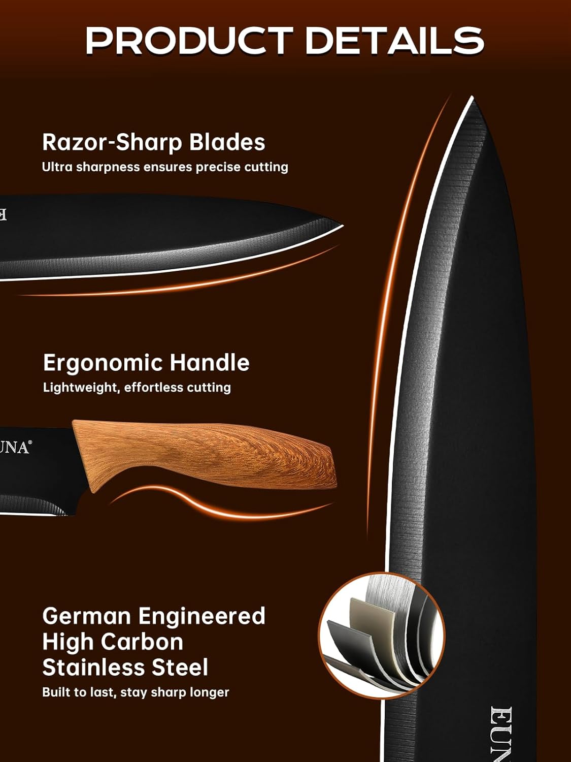 EUNA Premium Knives Set for a Sharp Rust-Resistant Edge