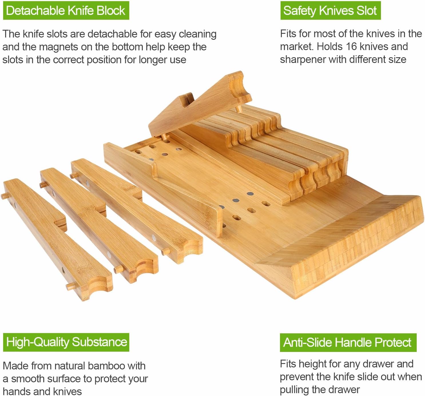 HHXRISE Bamboo Knife Organizer Removable Space-Saving Health-Safe 16 Knives Organizer