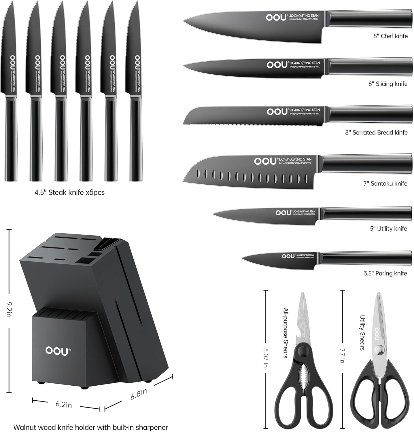 OOU 15 Piece Kitchen Knife Block Set with Sharpening