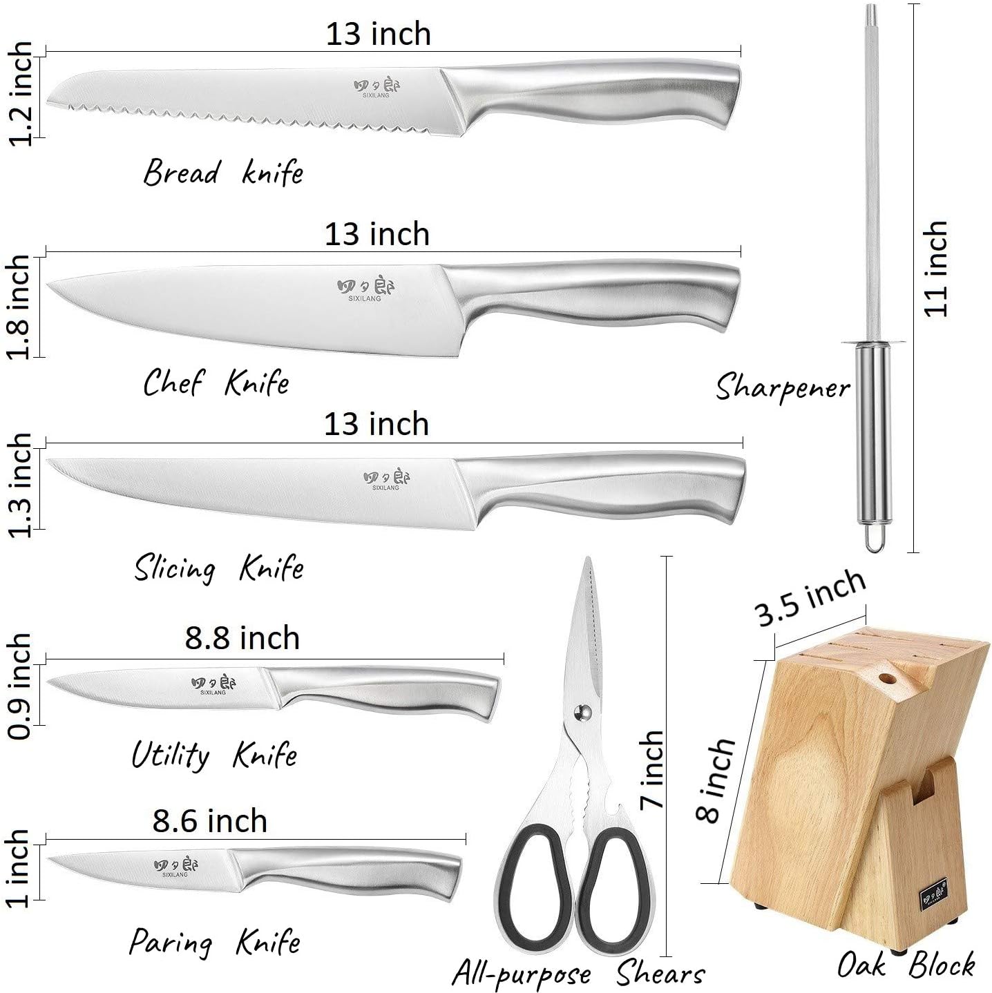 SIXILANG 8-Piece Knife Set with Oak Block and Sharpener