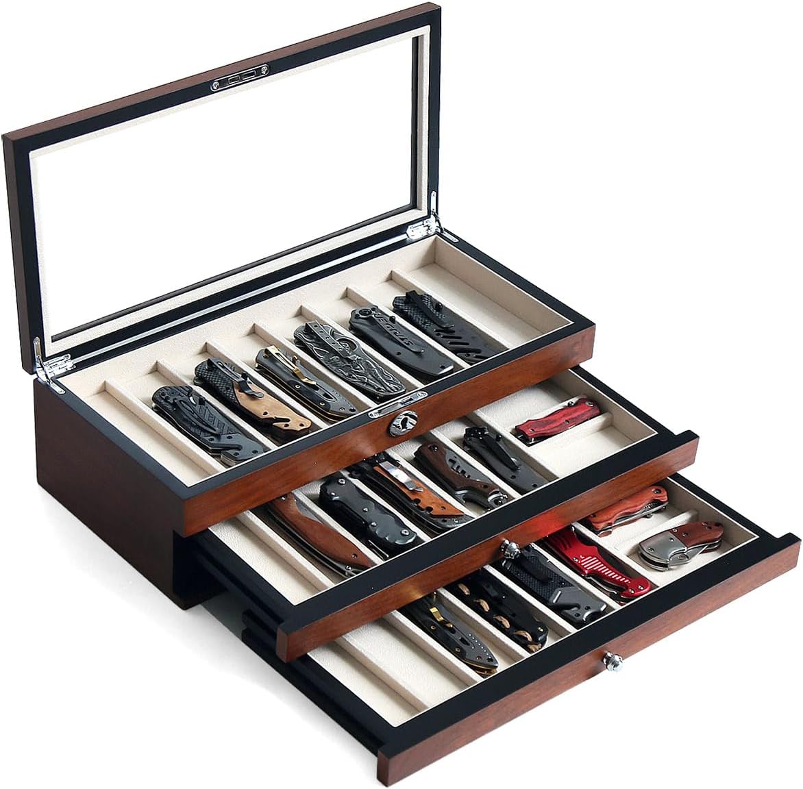 Three-Tier Pocket Knife Case with Elegant Walnut Finish -compact Durable