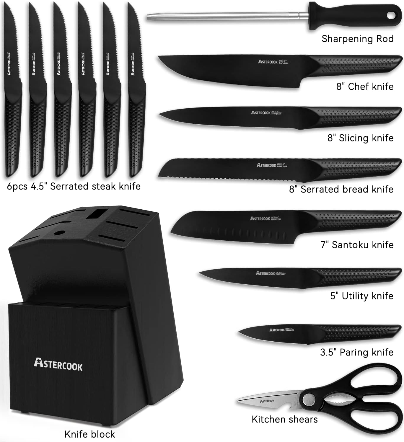 Astercook 15-Piece Chef Knife Set with Block