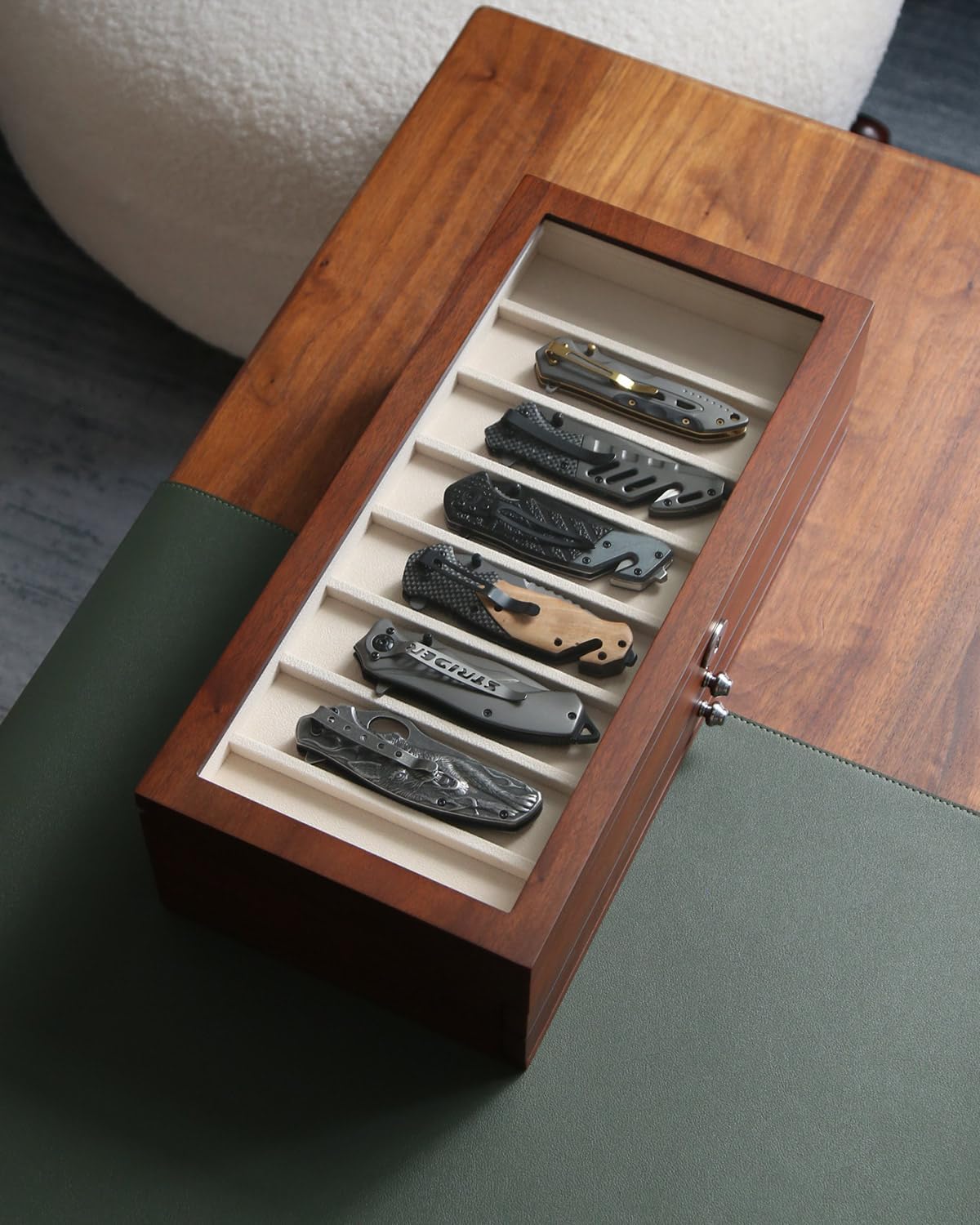 Three-Tier Pocket Knife Case with Elegant Walnut Finish -compact Durable
