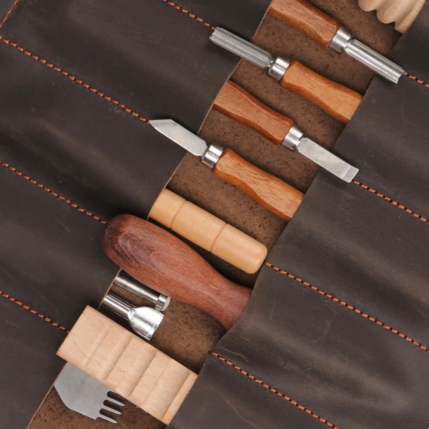 Tourbon Full Leather Knife Roll Case - 10 Slots for Tools