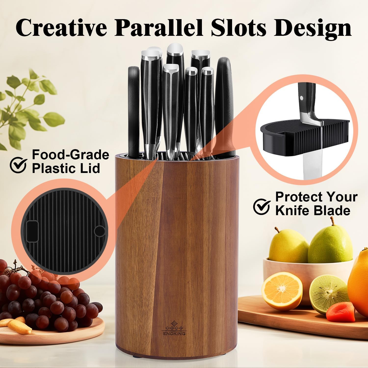 ENOKING Universal Knife Block with Acacia Wood Base and Plastic Lid