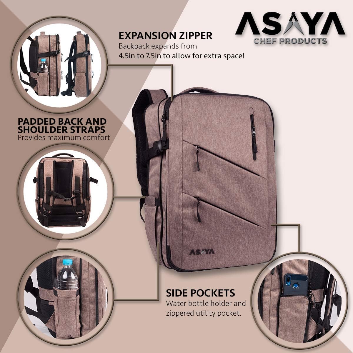 Asaya Chef Knife Backpack with 20 Pocket Knife Roll Bag