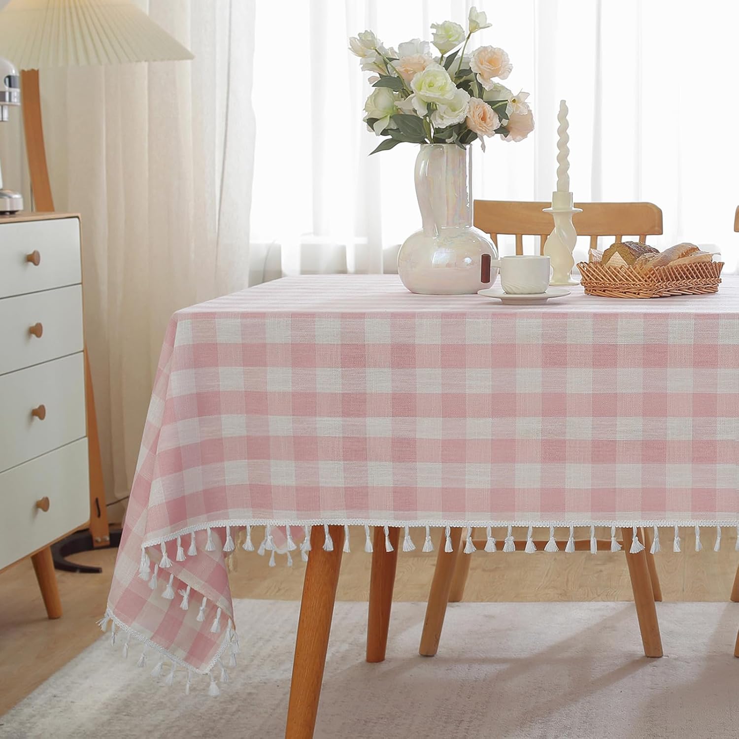 Charming Checkered TABLEcloth for Dining in Pink White with Tassels