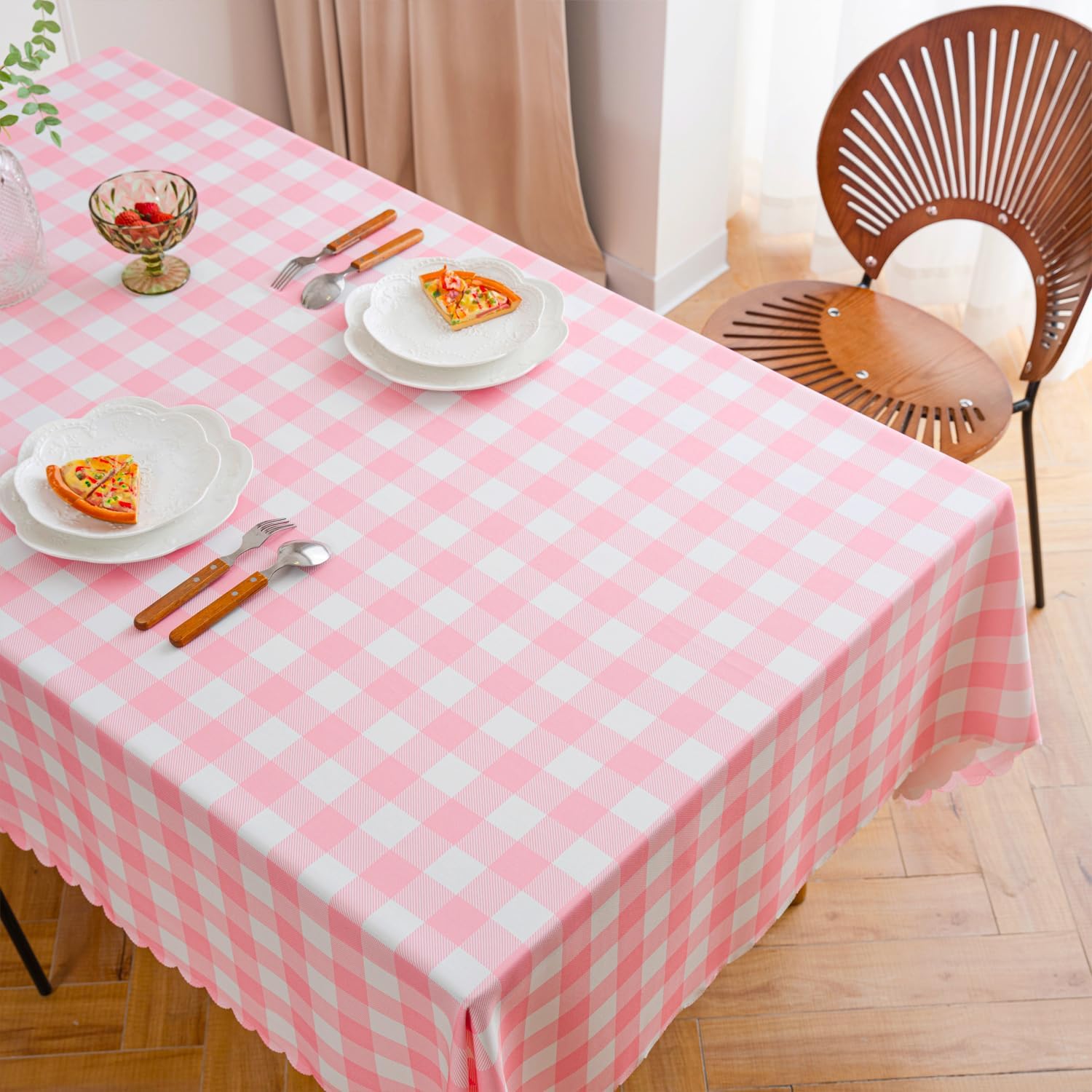 Elegant Pink Gingham Tablecloth for Cozy Kitchen Settings