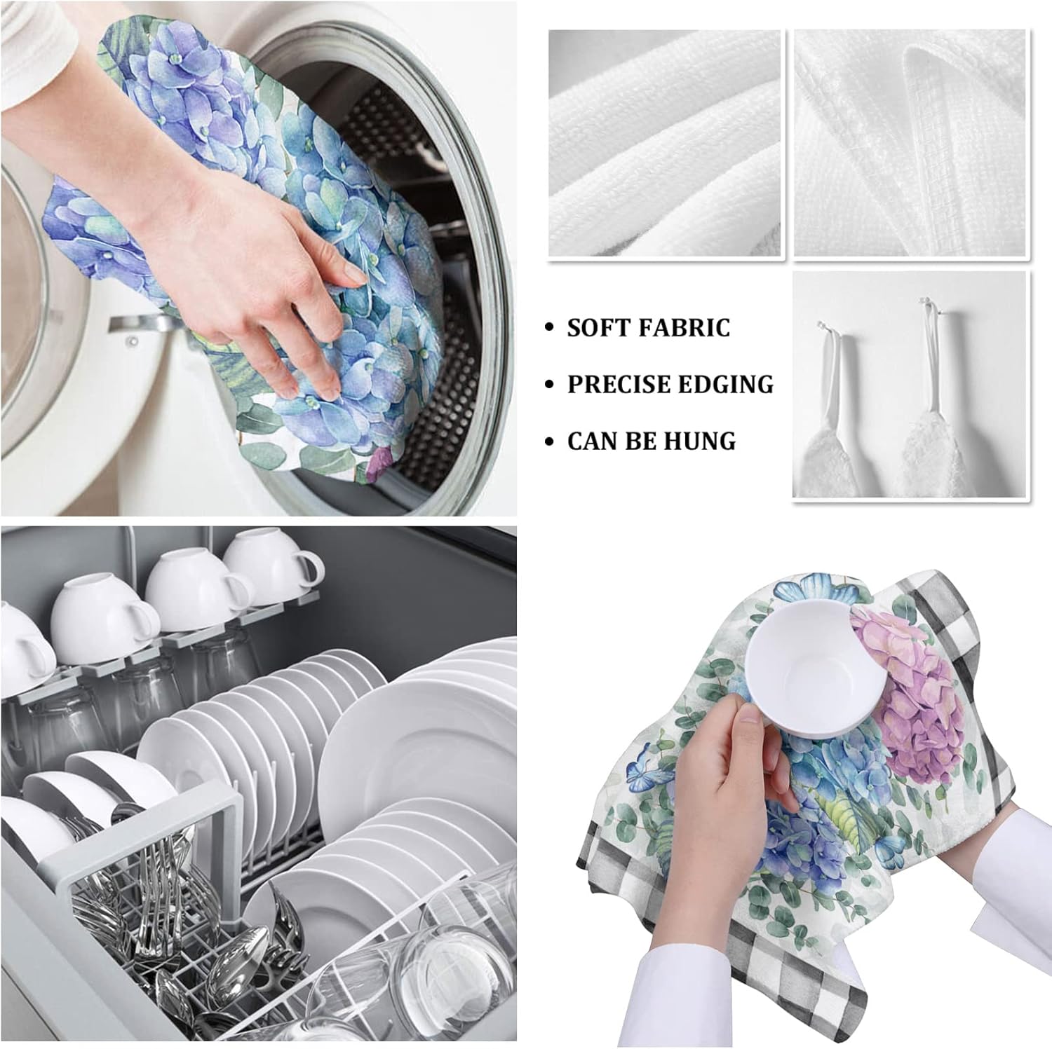 Cost-Effective Durable PlaidHydrangea Kitchen Towels Set Farmhouse Blue Purple Pink EucalyptusFeel