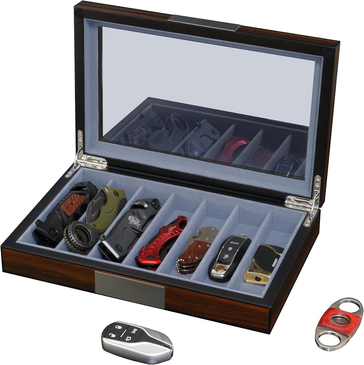 7-Compartment Walnut Wood Pocket Knife Holder