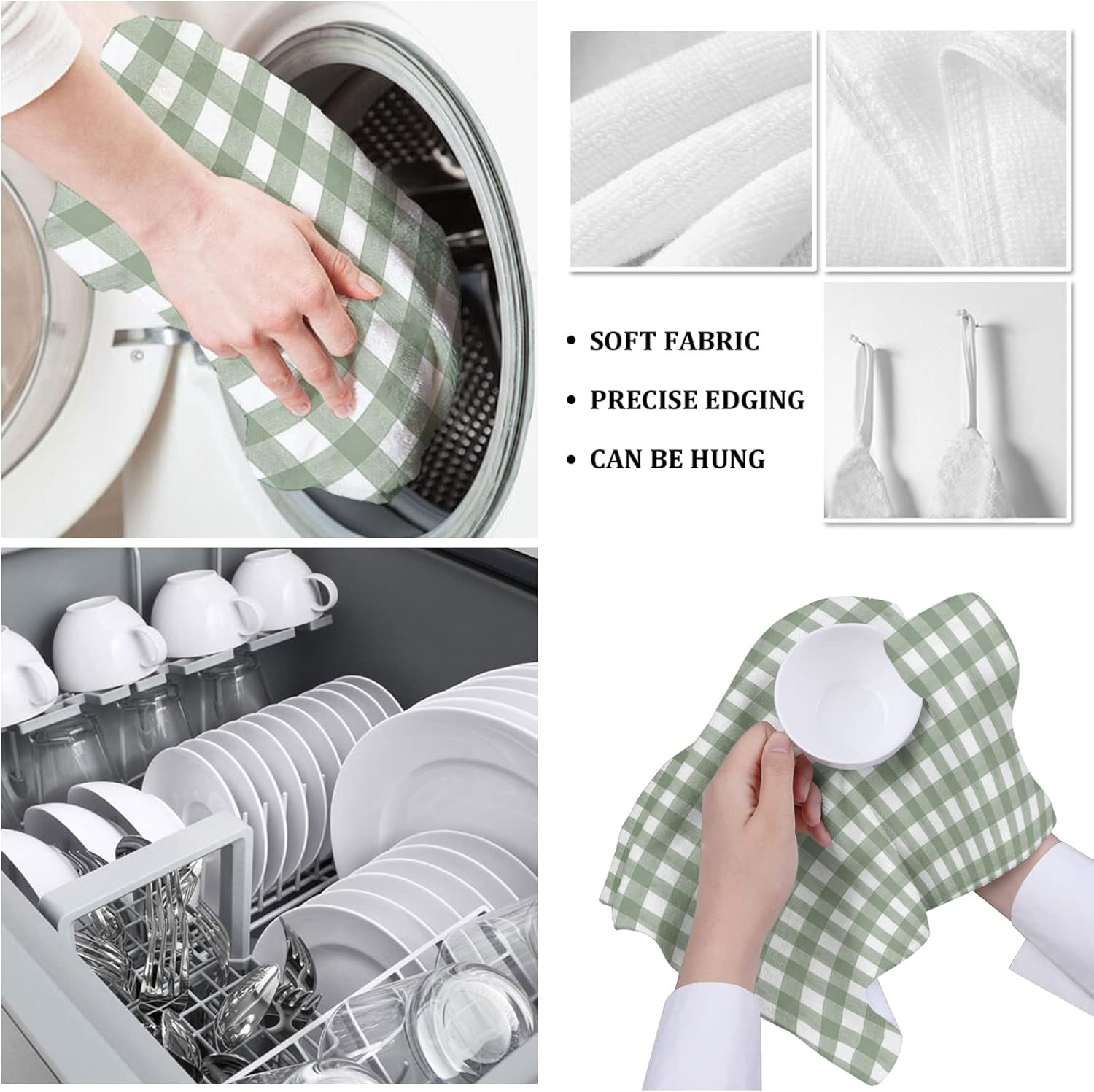 ZOE GARDEN Sage Green Kitchen Towels 18x28 Buffalo Plaid Check