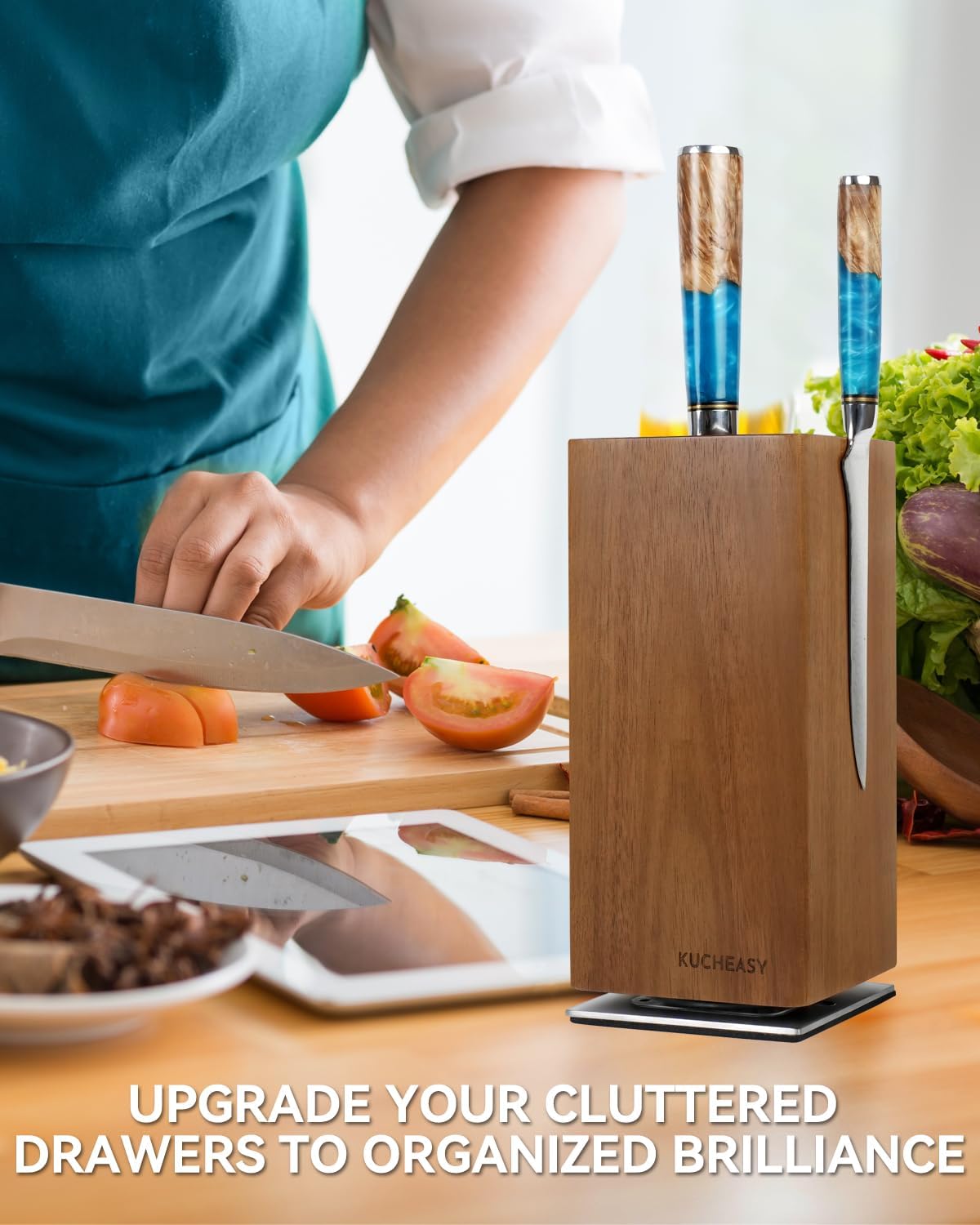 KUCHEASY Magnetic Knife Block 360 Rotating Wood Universal Knife Holder
