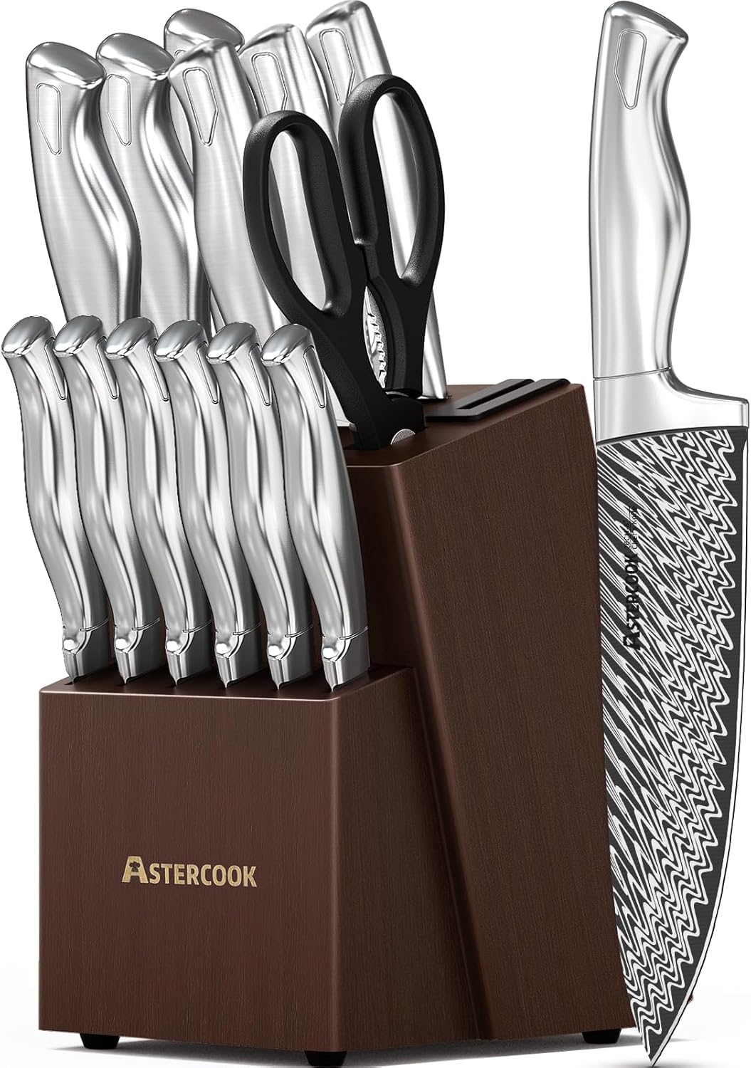 AsterCook Premium German Stainless Steel 15-Piece Knife Set with Built-In Sharpener