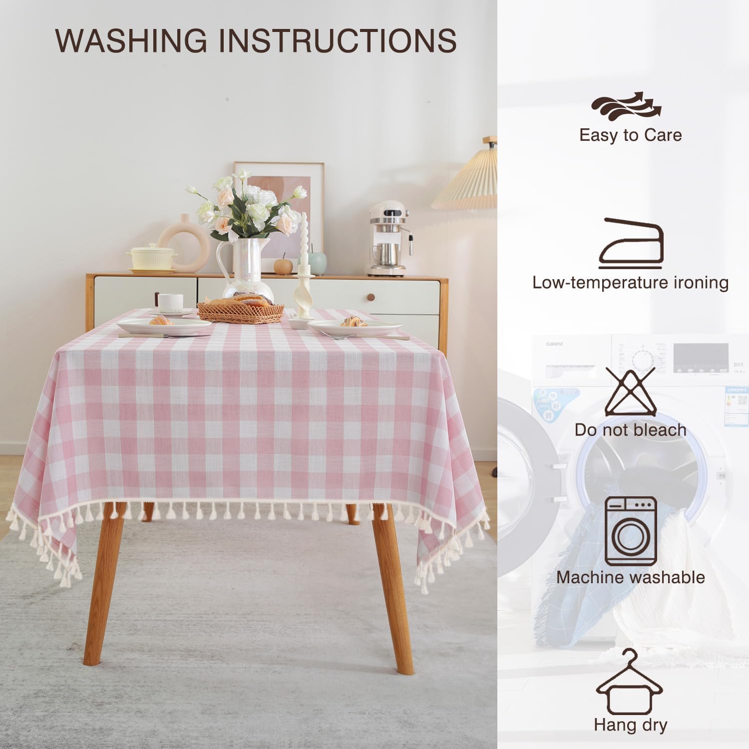 Charming Checkered TABLEcloth for Dining in Pink White with Tassels