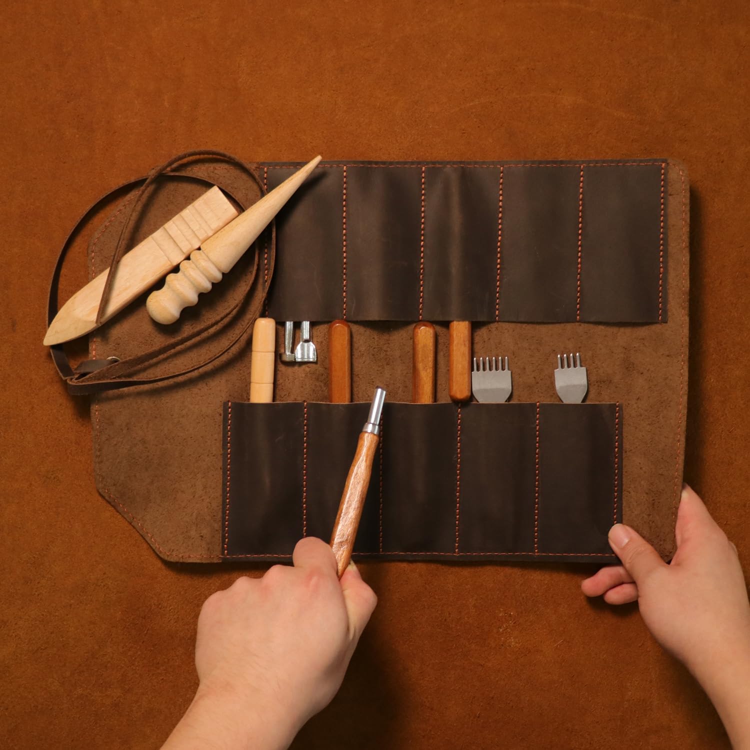 Tourbon Full Leather Knife Roll Case - 10 Slots for Tools