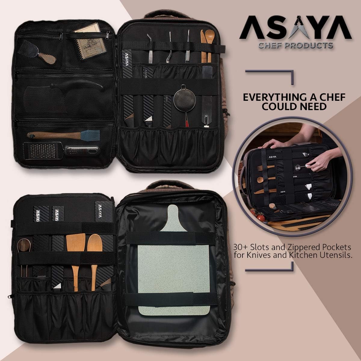Asaya Chef Knife Backpack with 20 Pocket Knife Roll Bag