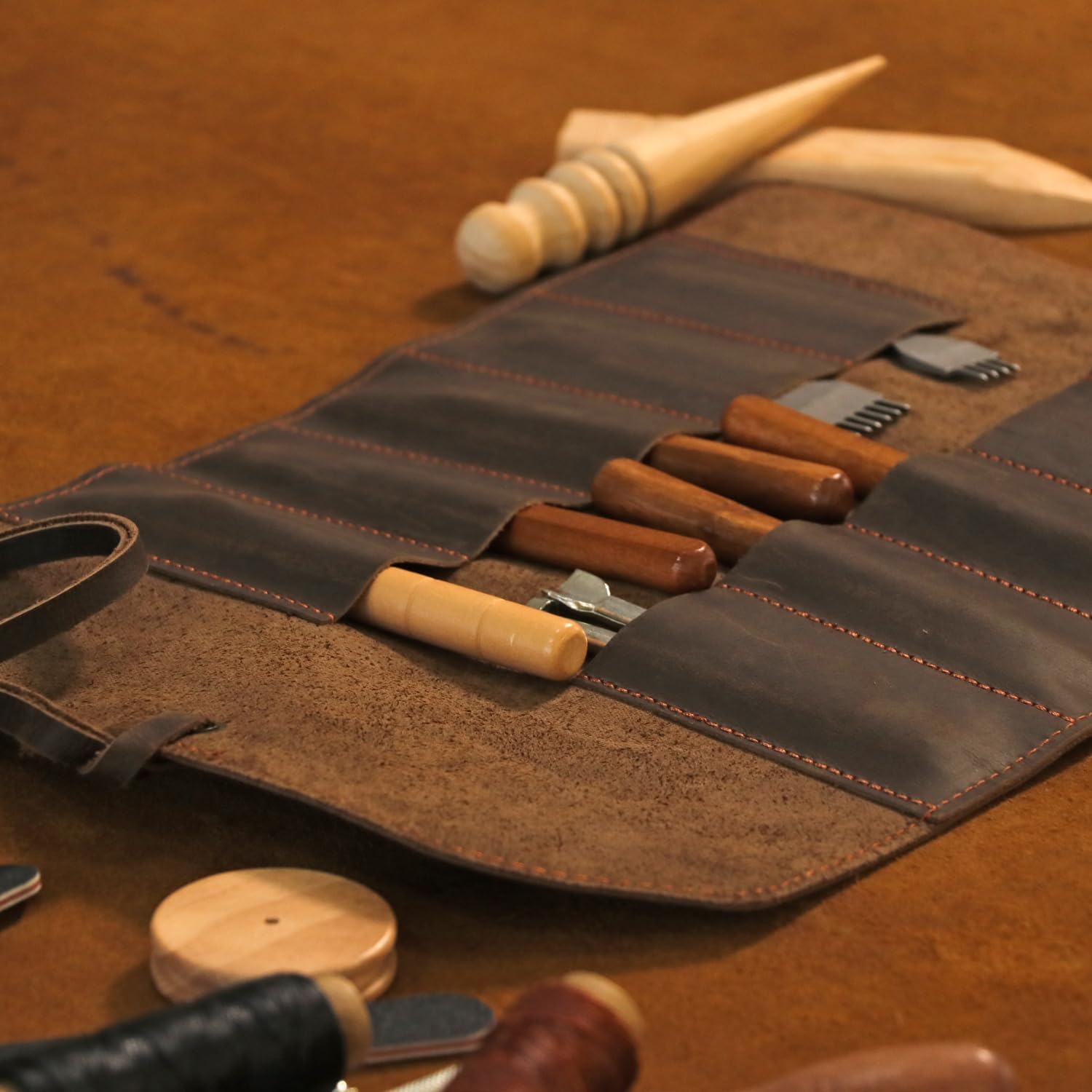 Tourbon Full Leather Knife Roll Case - 10 Slots for Tools