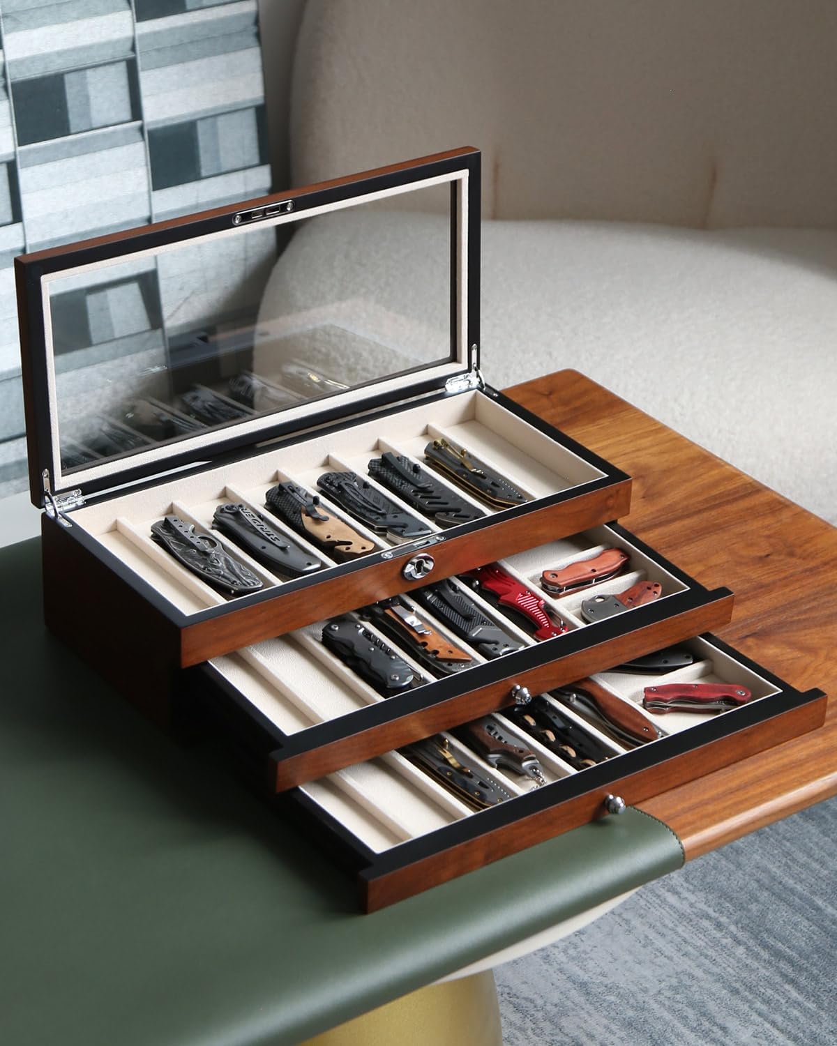 Three-Tier Pocket Knife Case with Elegant Walnut Finish -compact Durable