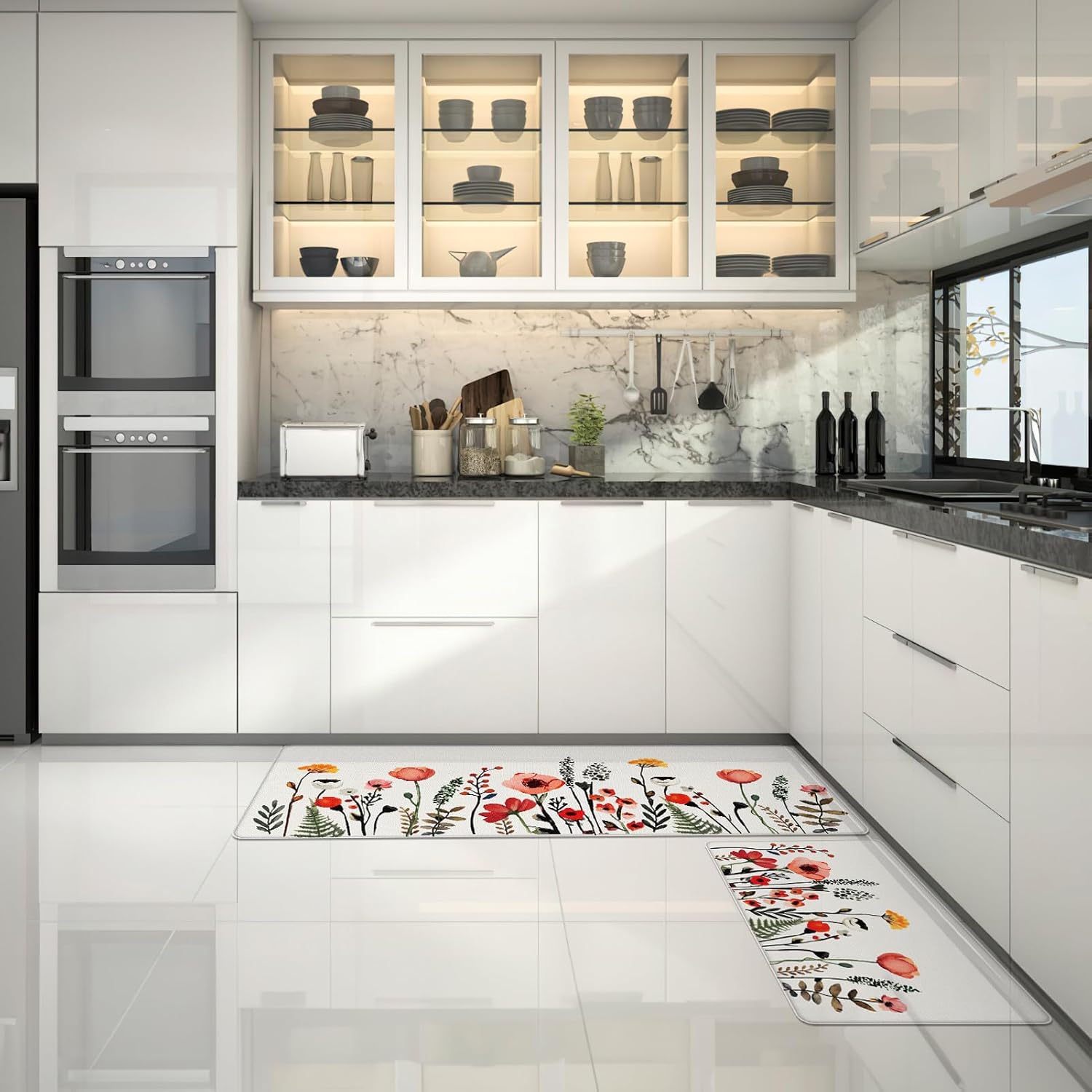 Colorful Flower Fern Kitchen Rugs Set