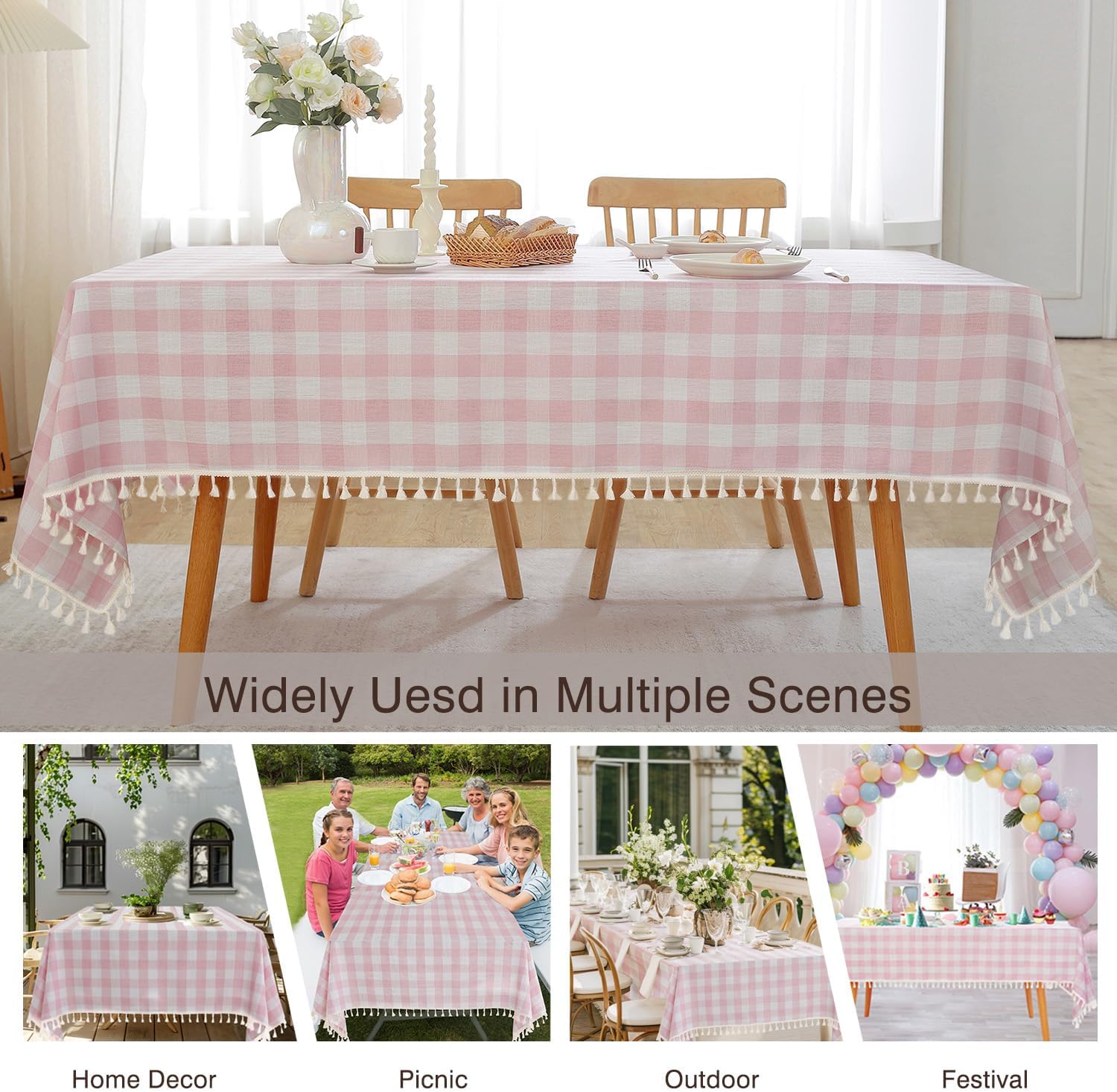 Charming Checkered TABLEcloth for Dining in Pink White with Tassels